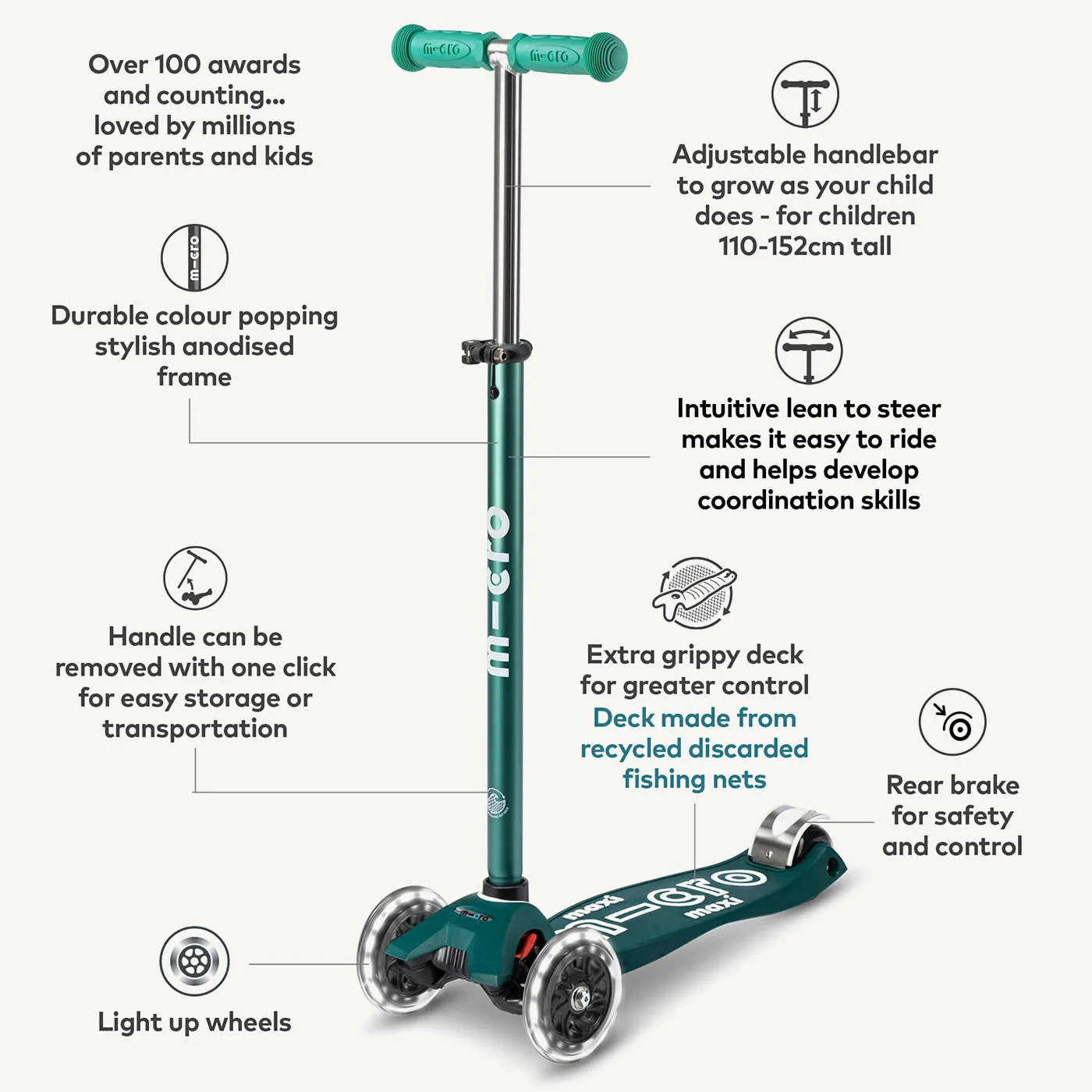 ♻️ Micro Scooters ECO Maxi Micro Scooter Deluxe LED - Green