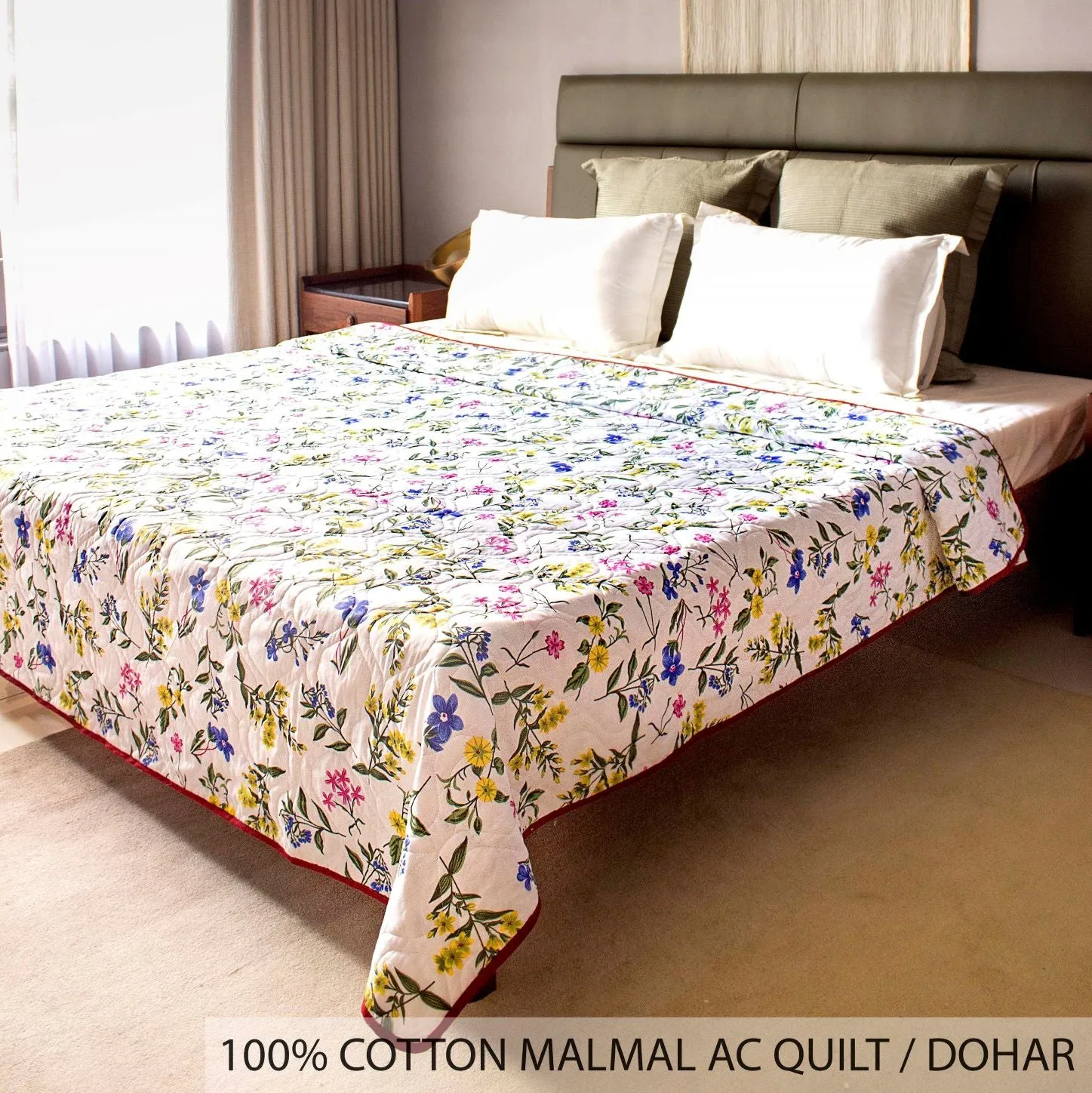 100% Malmal Cotton Blanket, Dohar, Quilt for AC and Light Winters - Blue Pink Floral 2