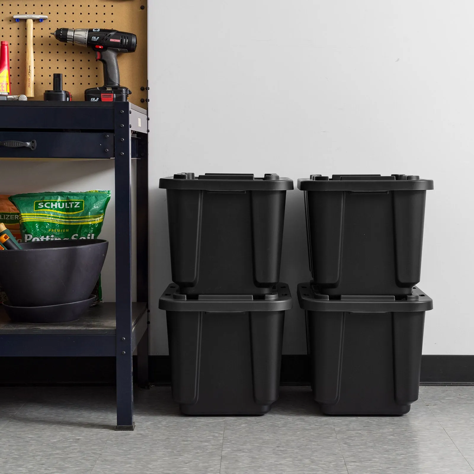 11.5Gal/46Qt 4 Pack All-Weather Heavy-Duty Stackable Storage Plastic Bin Tote Container with Quick Snap Lid, (20" L x 15" W x 14" H), Black