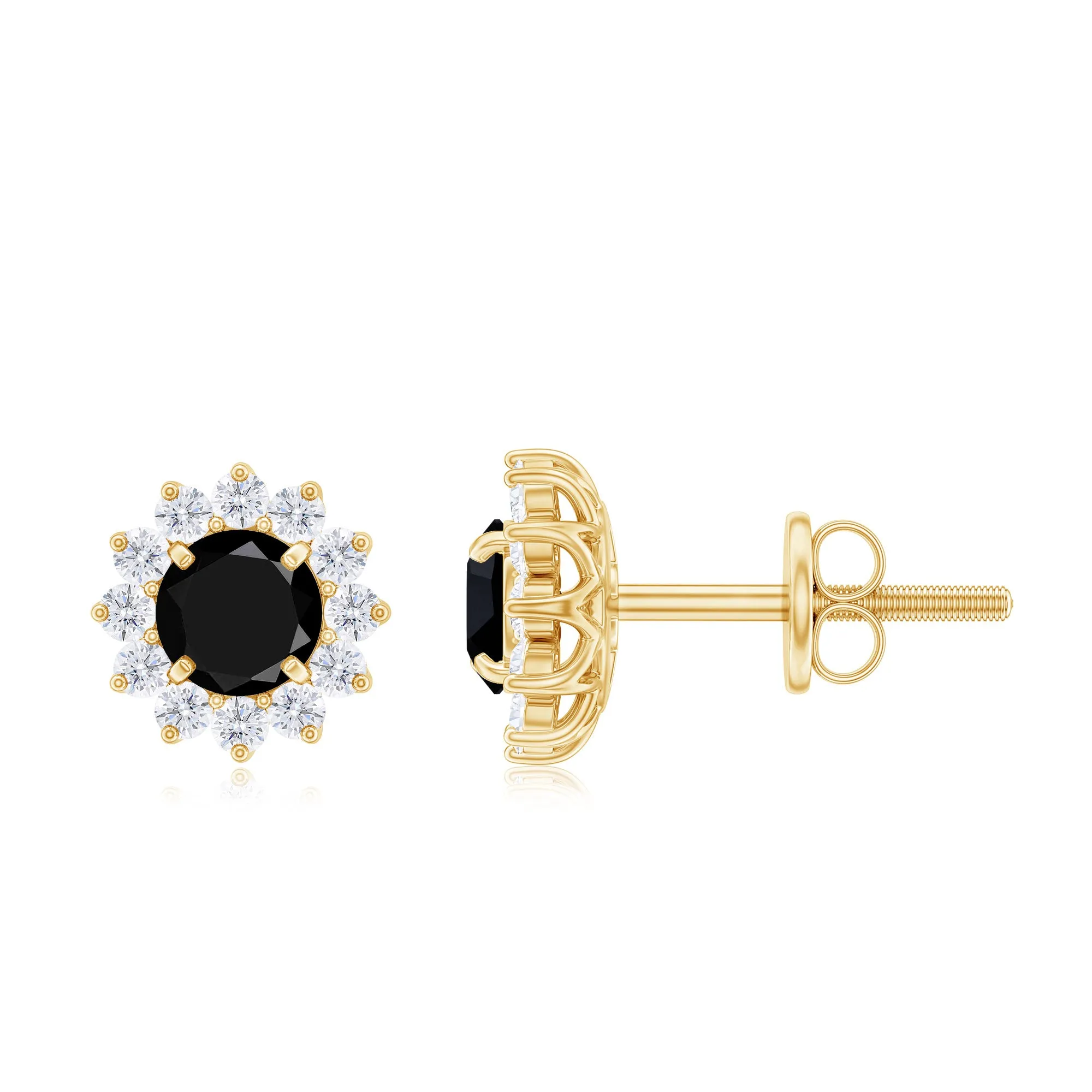 1.25 CT Classic Black Diamond Stud Earrings with Diamond Halo