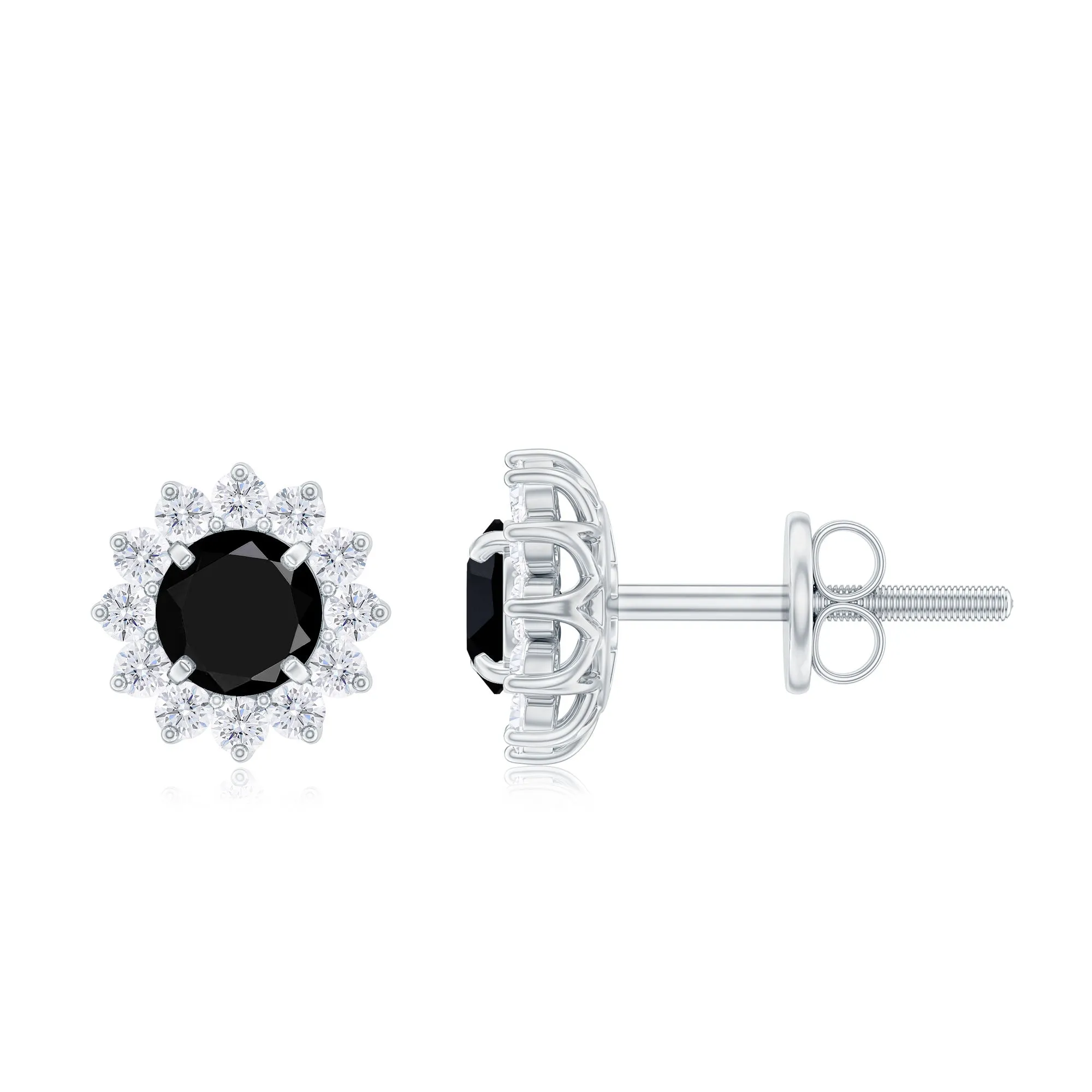 1.25 CT Classic Black Diamond Stud Earrings with Diamond Halo