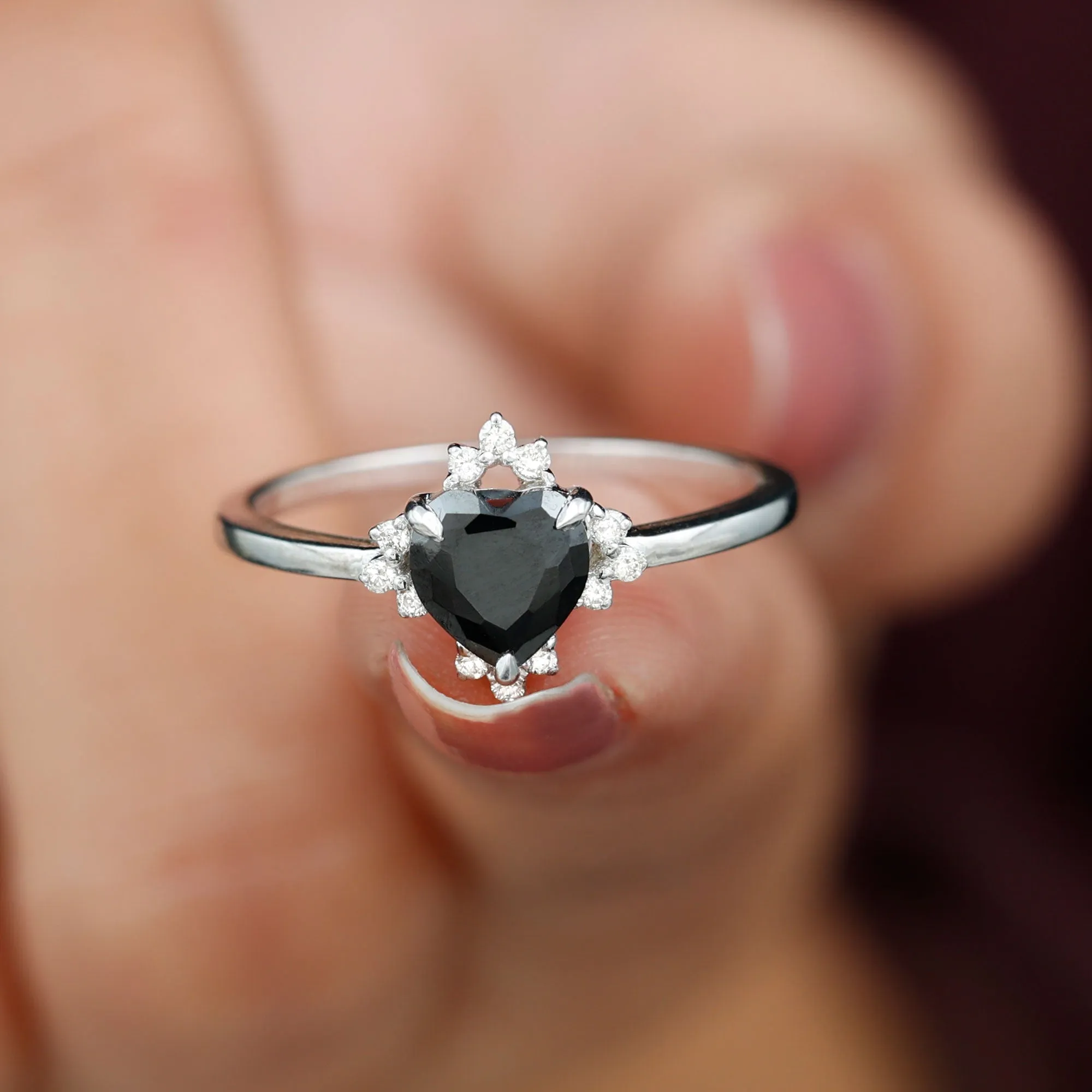 1.25 CT Heart Shape Created Black Diamond Solitaire Promise Ring with Diamond