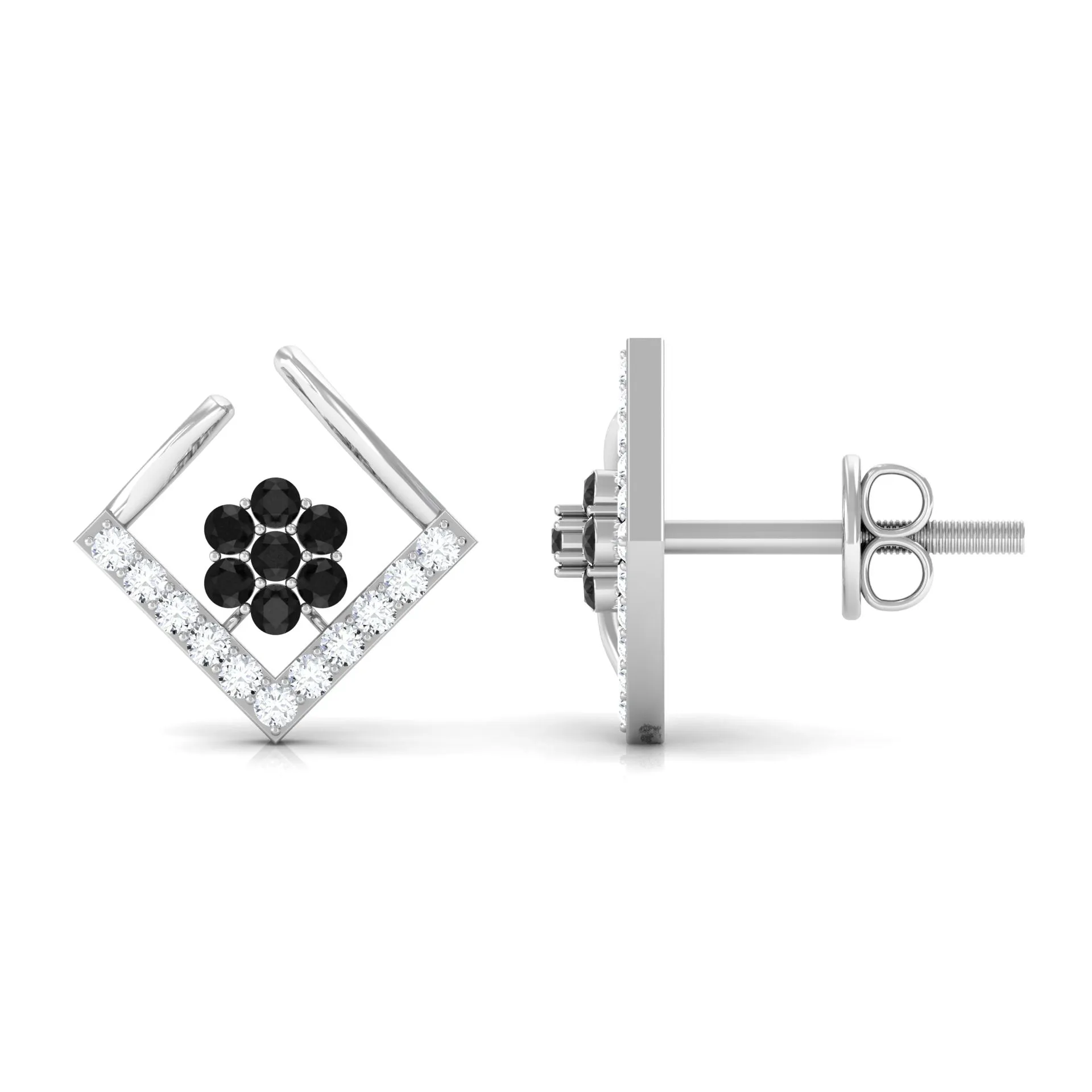 1/4 CT Created Black Diamond and Diamond Floral Stud Earrings