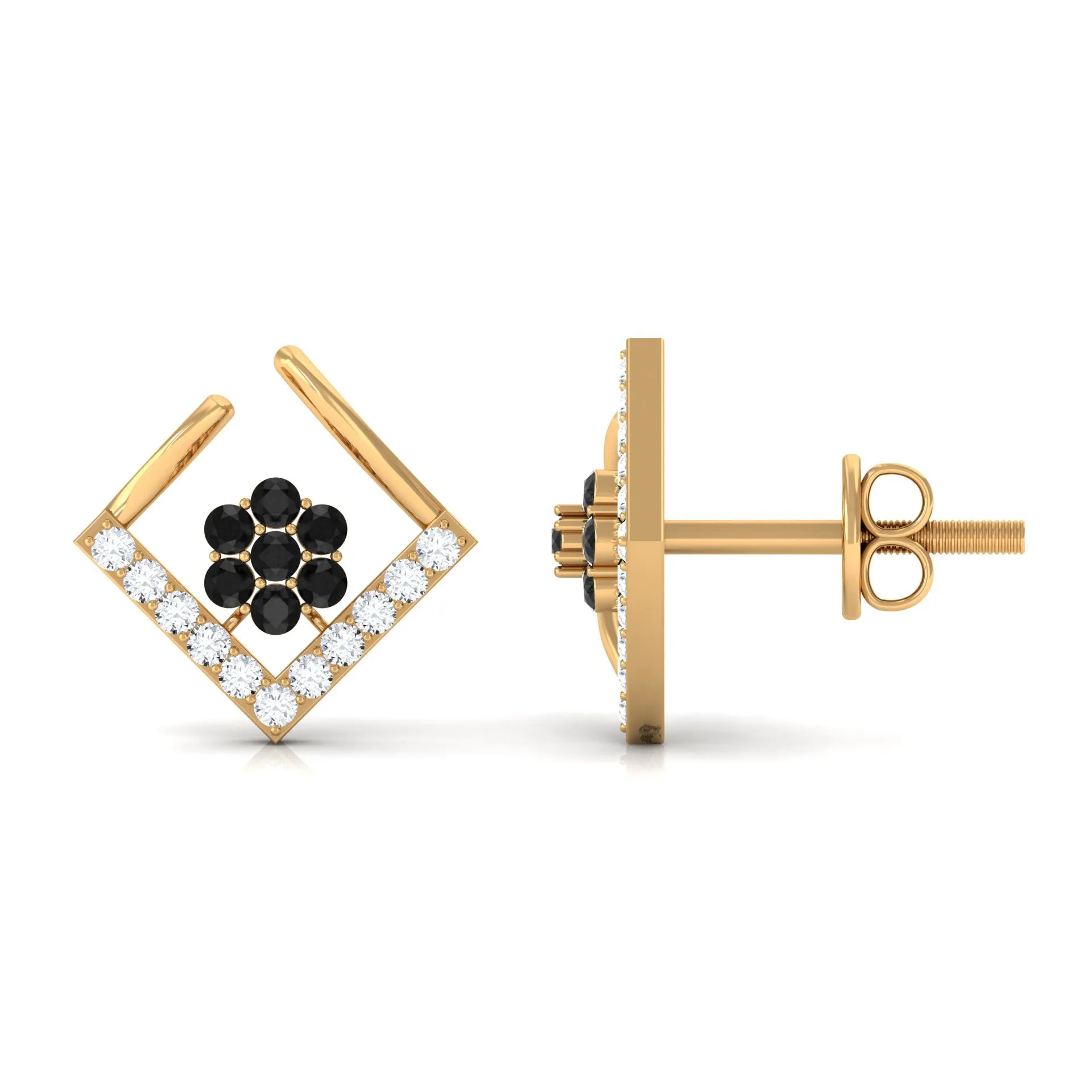 1/4 CT Created Black Diamond and Diamond Floral Stud Earrings