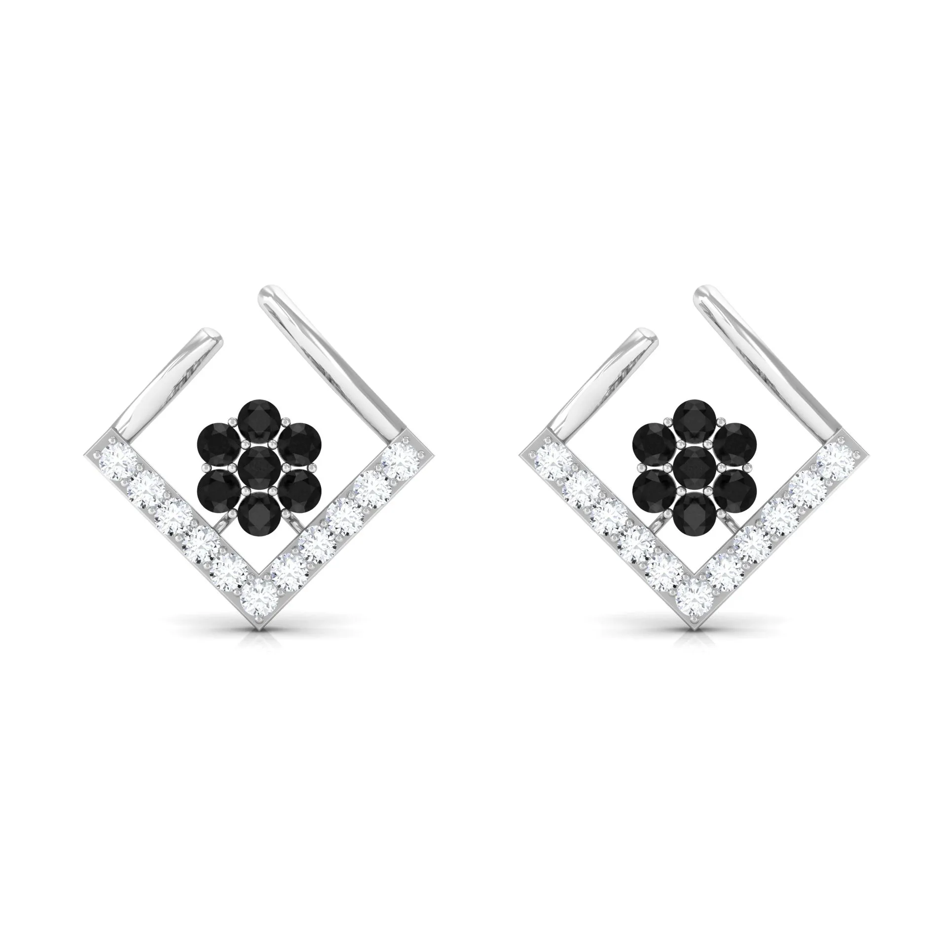 1/4 CT Created Black Diamond and Diamond Floral Stud Earrings