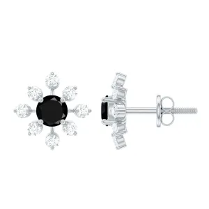 1.75 CT Natural Black Diamond and Diamond Flower Stud Earrings