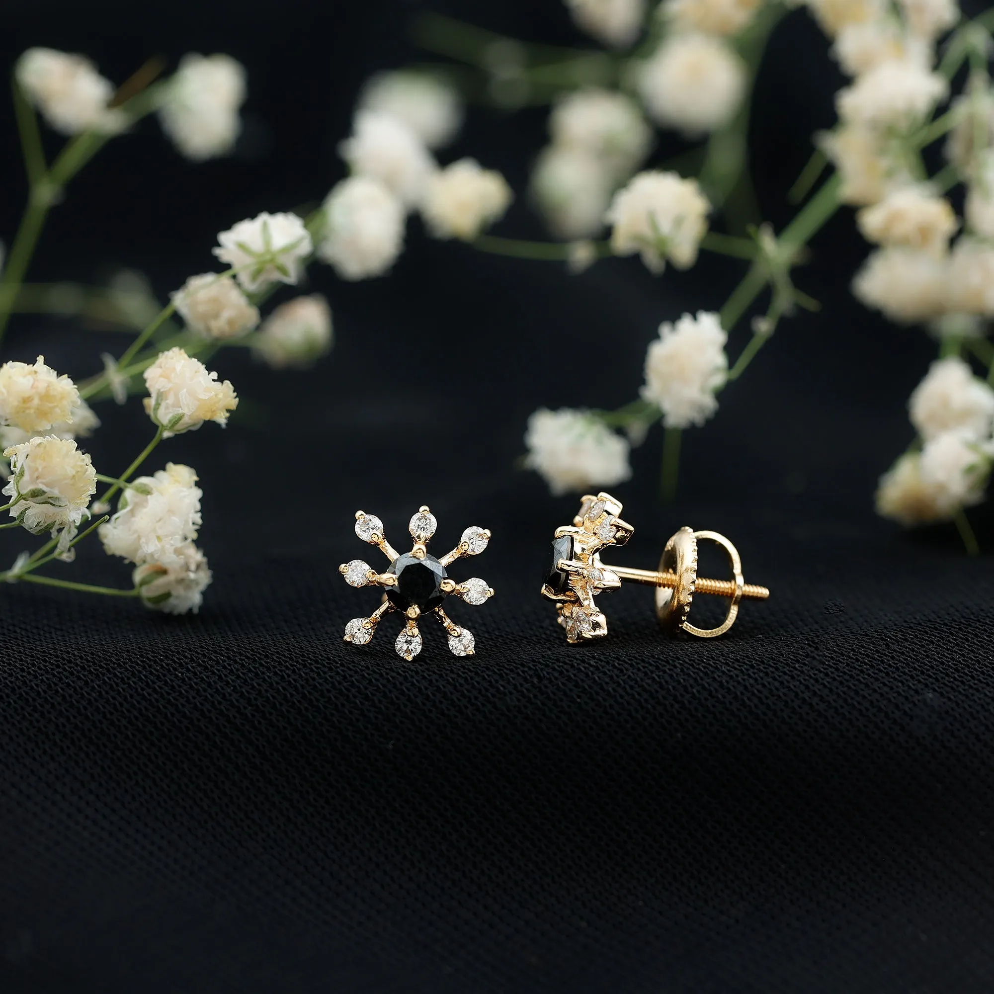 1.75 CT Natural Black Diamond and Diamond Flower Stud Earrings