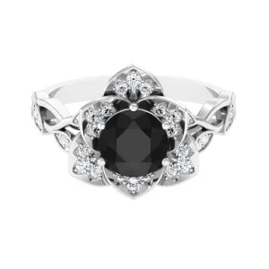 2 CT Created Black Diamond Floral Engagement Ring with Diamond Accent