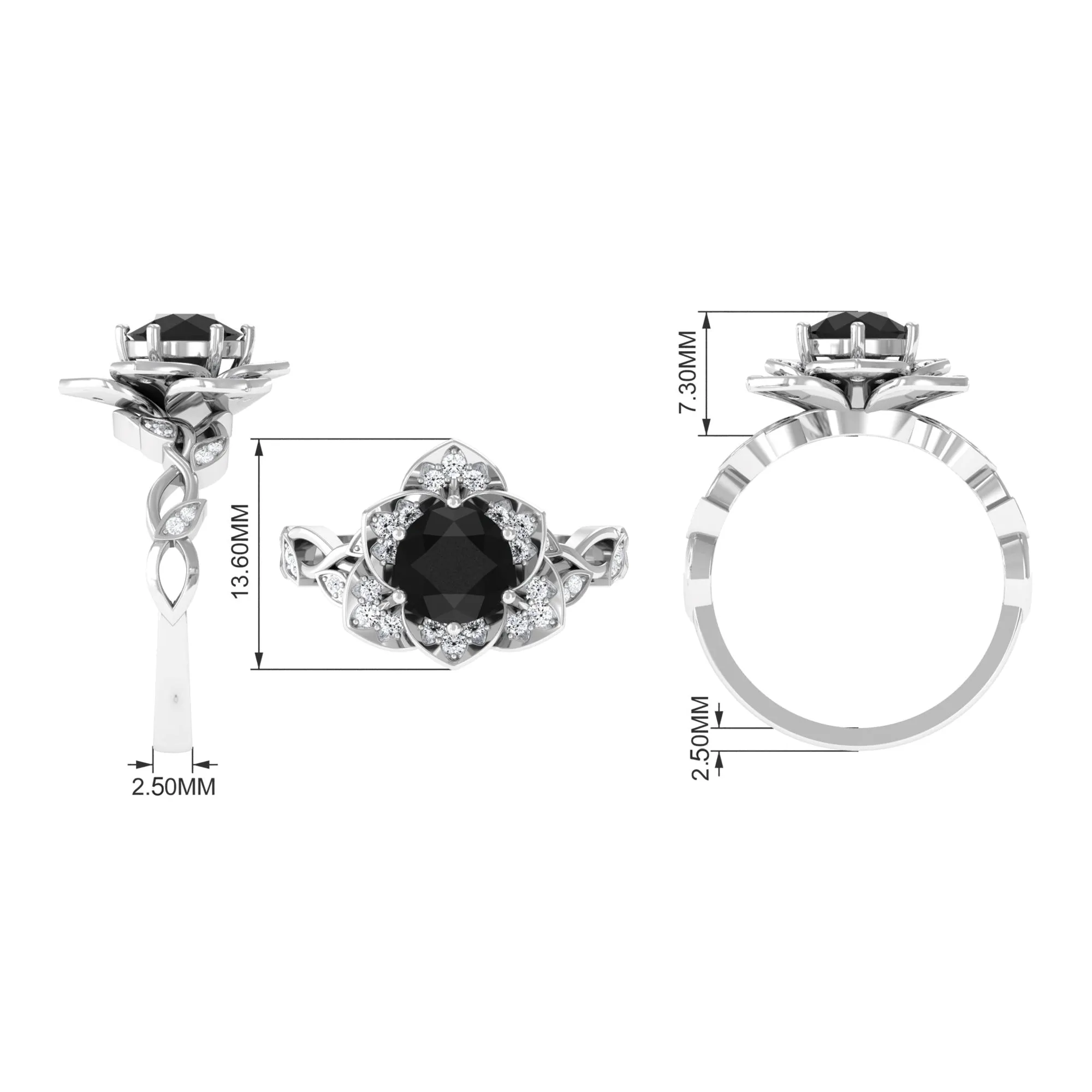 2 CT Created Black Diamond Floral Engagement Ring with Diamond Accent