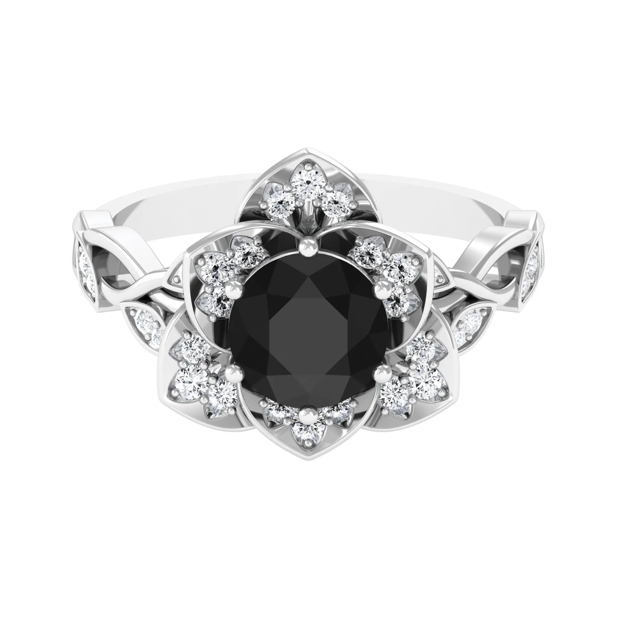 2 CT Created Black Diamond Floral Engagement Ring with Diamond Accent