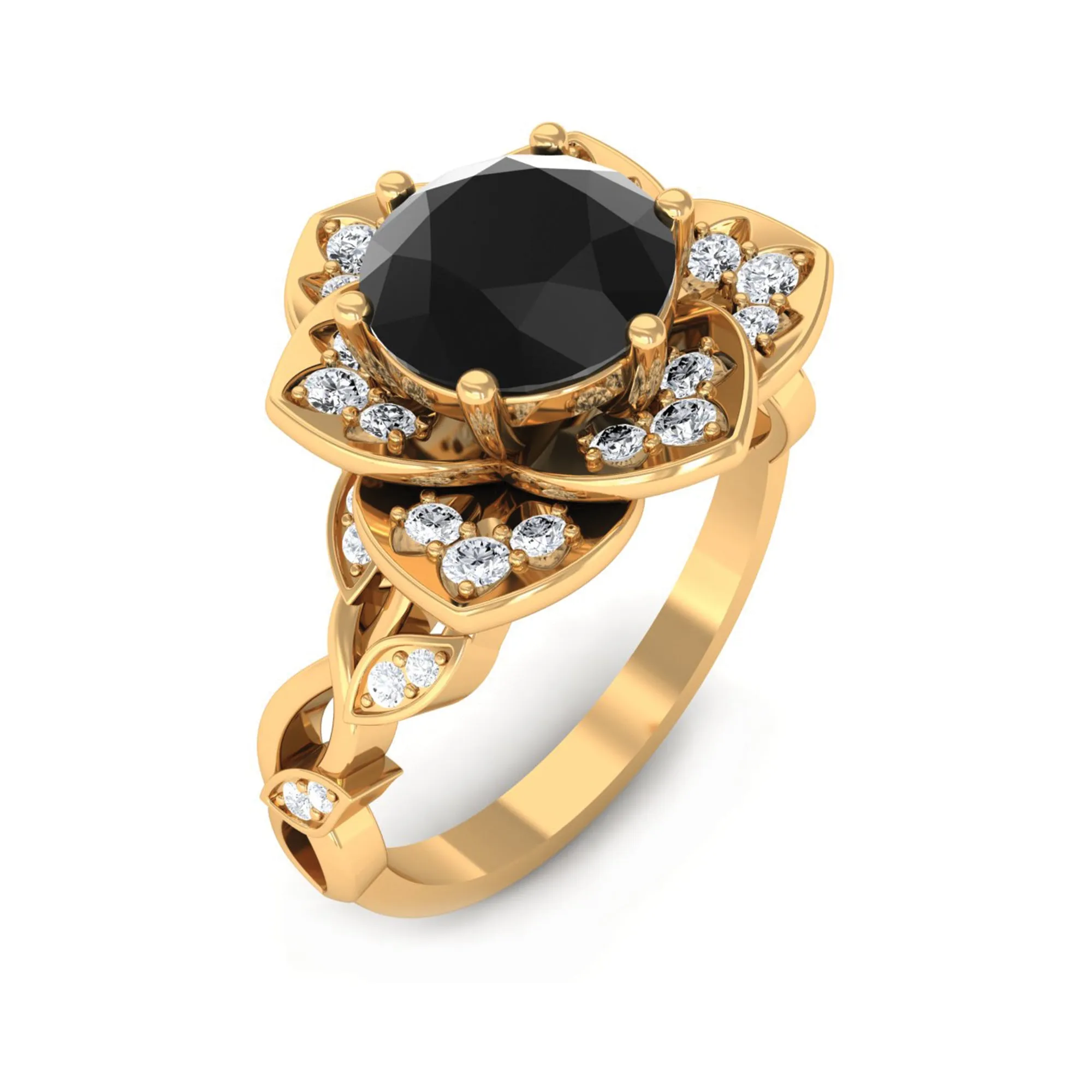 2 CT Created Black Diamond Floral Engagement Ring with Diamond Accent