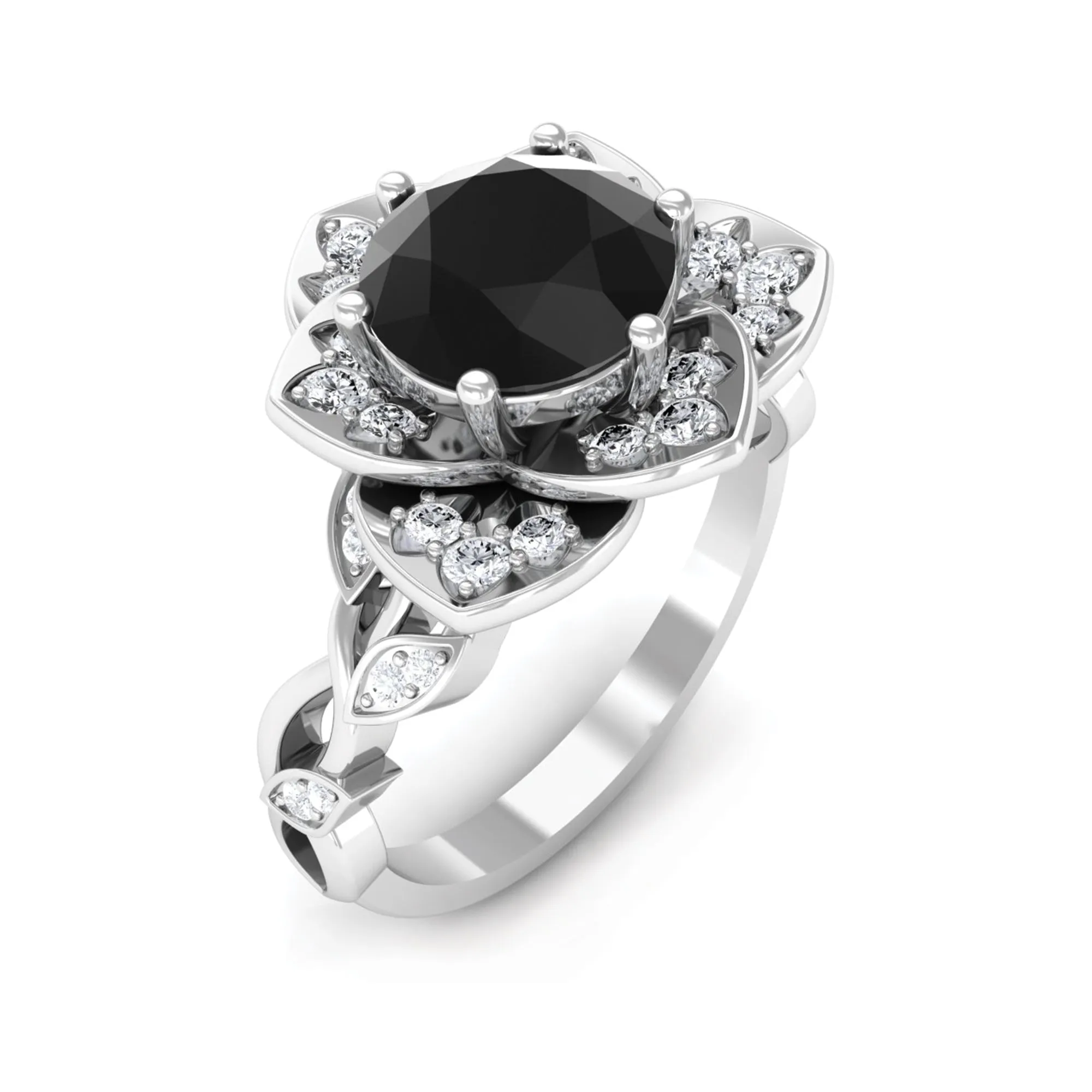 2 CT Created Black Diamond Floral Engagement Ring with Diamond Accent