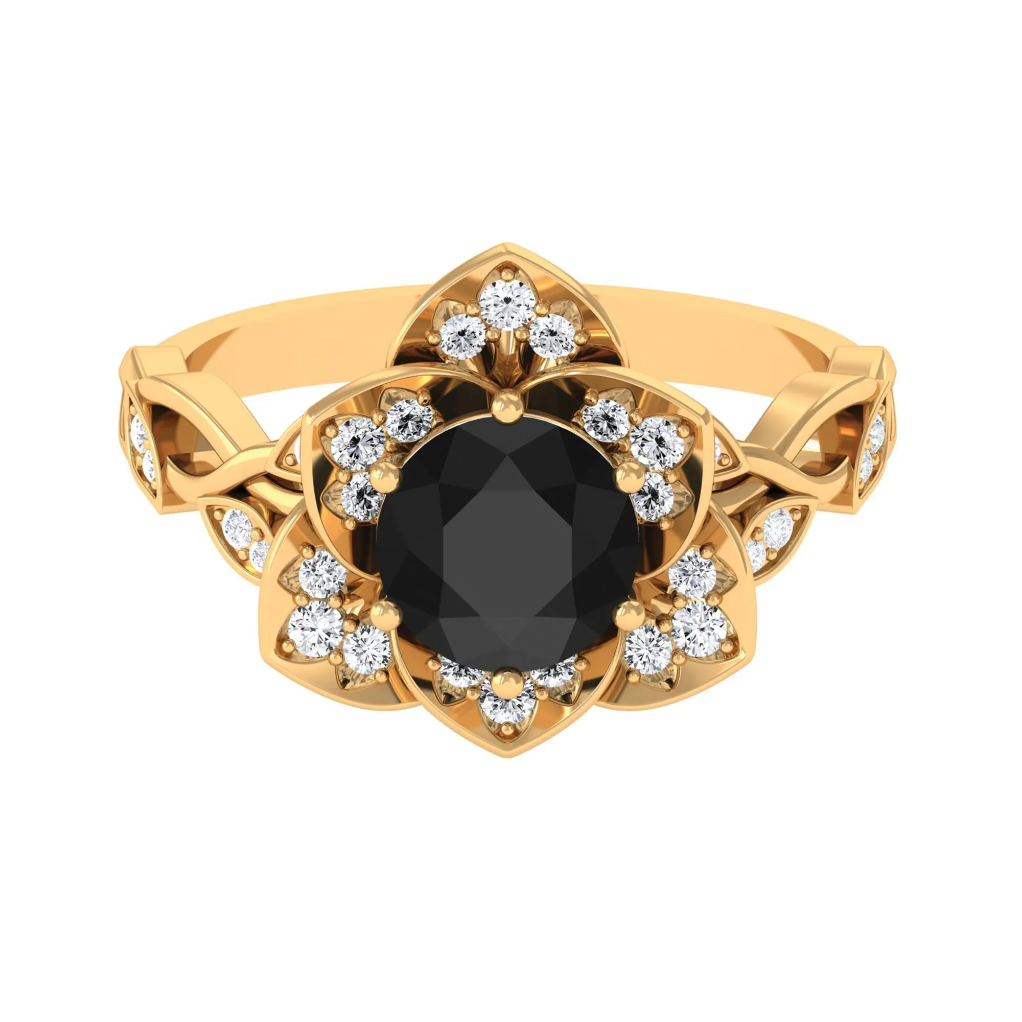 2 CT Created Black Diamond Floral Engagement Ring with Diamond Accent