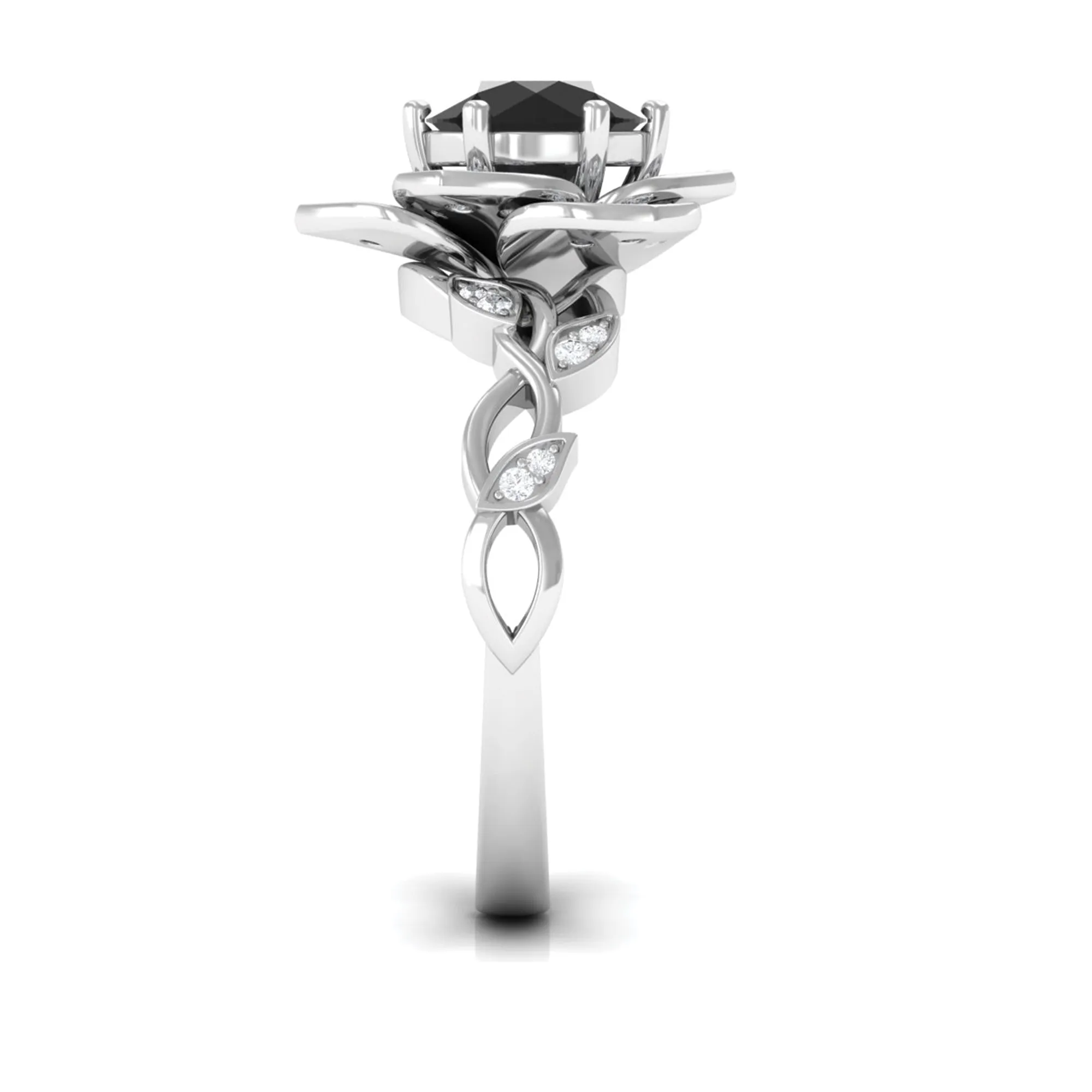 2 CT Created Black Diamond Floral Engagement Ring with Diamond Accent