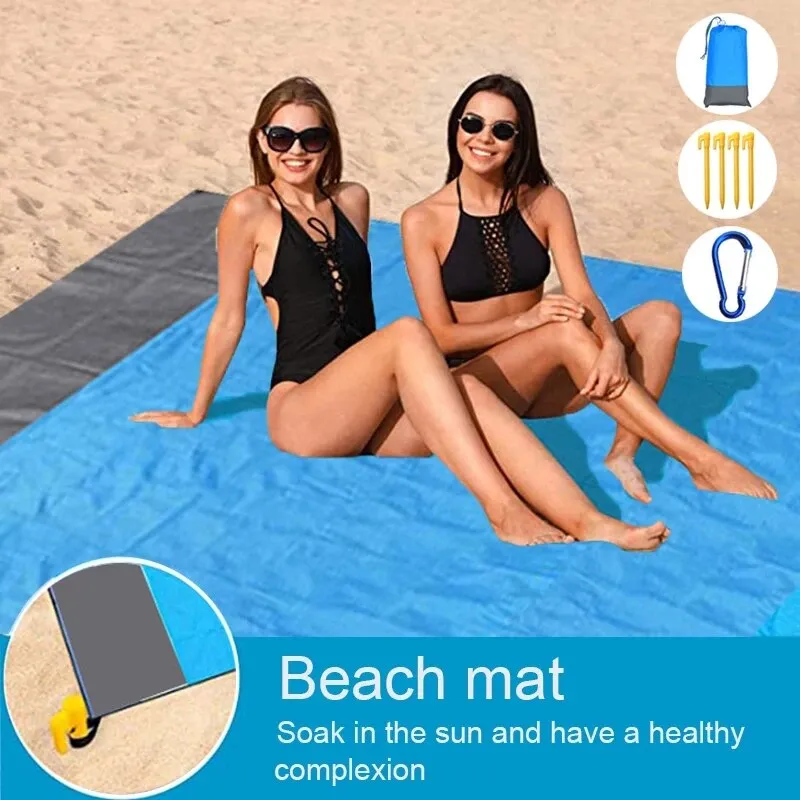 200x210CM Large Beach Mat Anti Sand-free Beach Towel Anti Sand Beach Blanket Pocket Picnic 4 Anchor Wind Prevent Sand Proof Mat