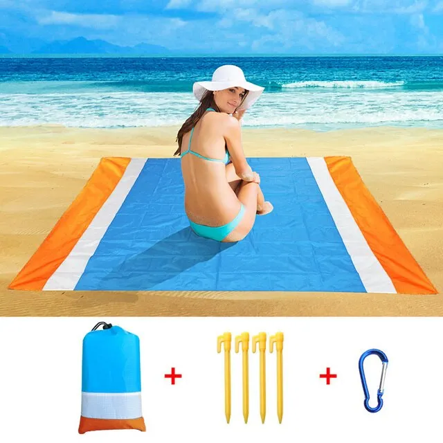 200x210CM Large Beach Mat Anti Sand-free Beach Towel Anti Sand Beach Blanket Pocket Picnic 4 Anchor Wind Prevent Sand Proof Mat