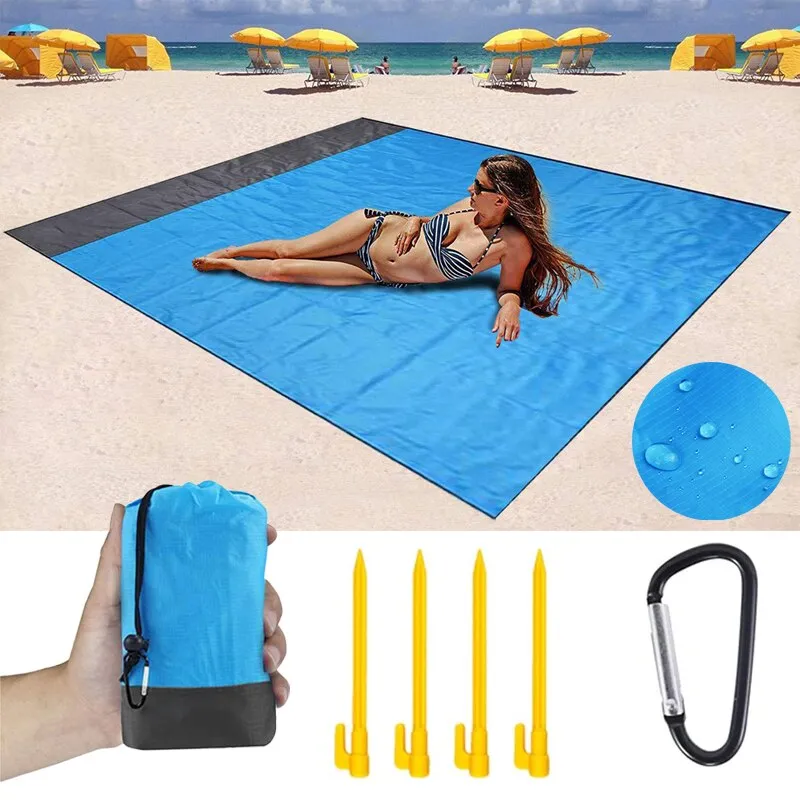 200x210CM Large Beach Mat Anti Sand-free Beach Towel Anti Sand Beach Blanket Pocket Picnic 4 Anchor Wind Prevent Sand Proof Mat