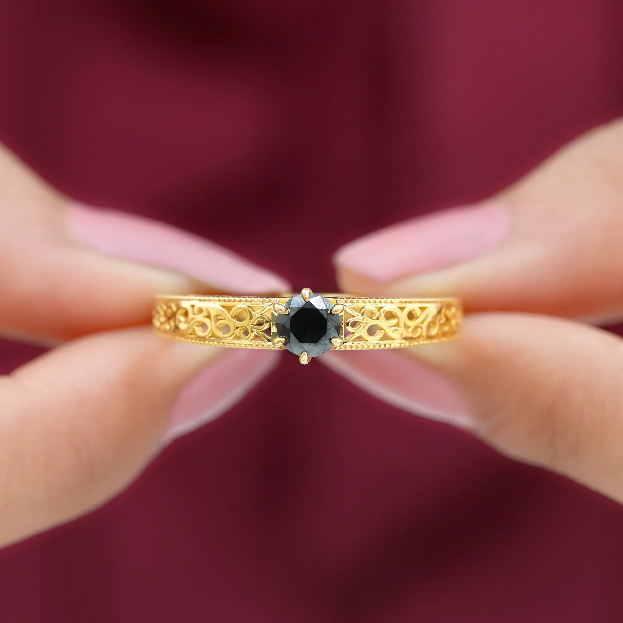 5 MM Round Cut Black Diamond Solitaire Gold Filigree Ring