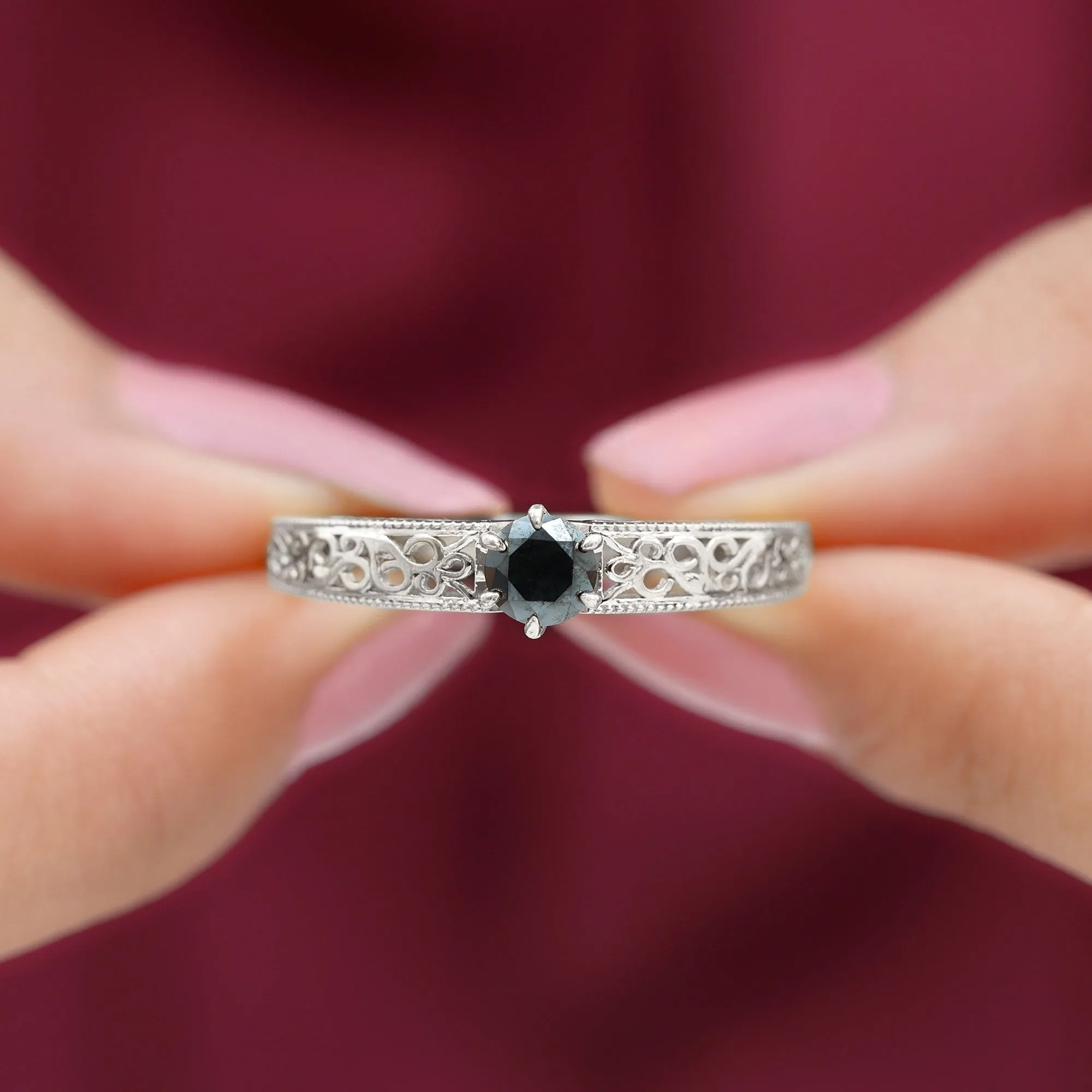 5 MM Round Cut Black Diamond Solitaire Gold Filigree Ring