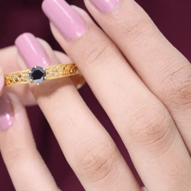 5 MM Round Cut Black Diamond Solitaire Gold Filigree Ring