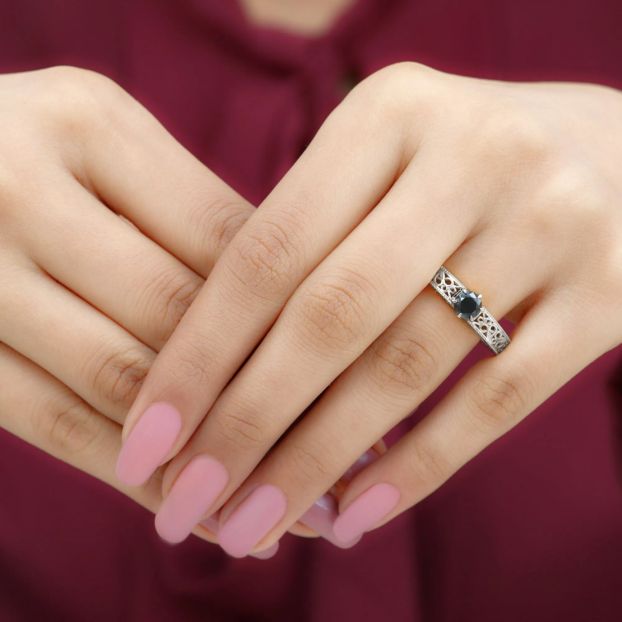 5 MM Round Cut Black Diamond Solitaire Gold Filigree Ring