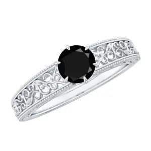 5 MM Round Cut Black Diamond Solitaire Gold Filigree Ring