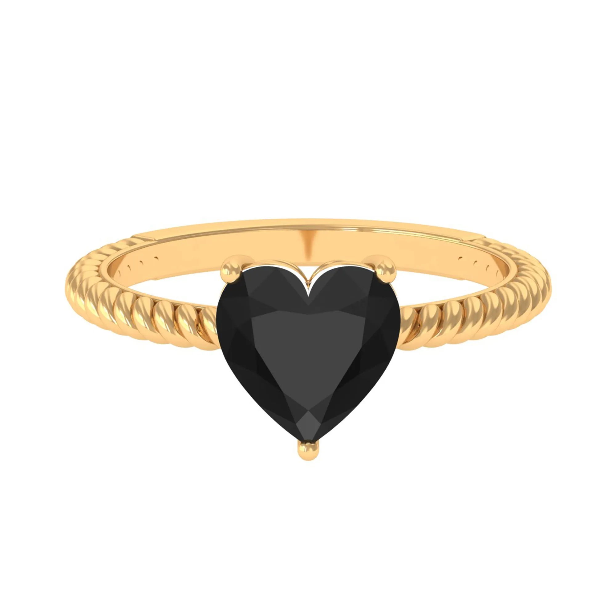 8 MM Heart Shape Created Black Diamond Solitaire Gold Rope Ring