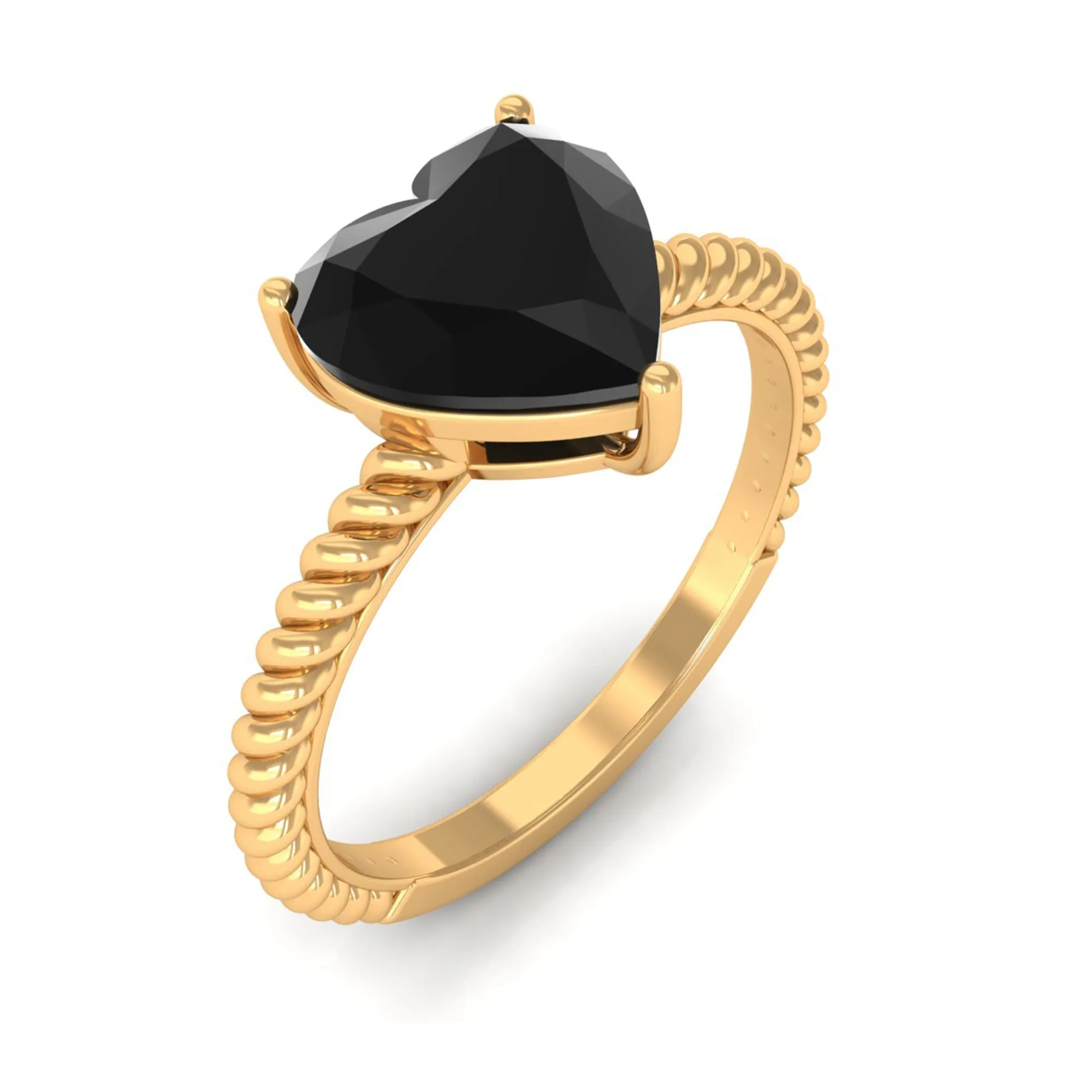 8 MM Heart Shape Created Black Diamond Solitaire Gold Rope Ring