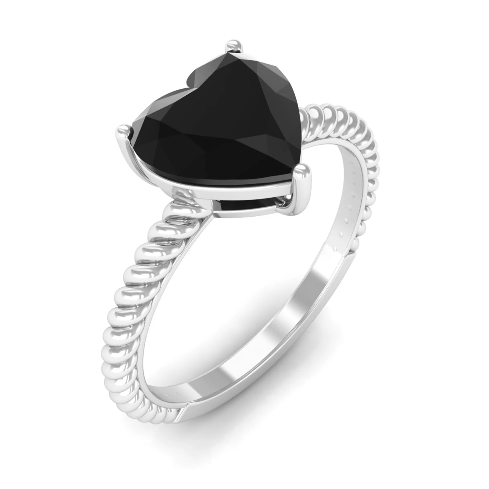 8 MM Heart Shape Created Black Diamond Solitaire Gold Rope Ring