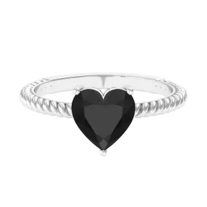 8 MM Heart Shape Created Black Diamond Solitaire Gold Rope Ring