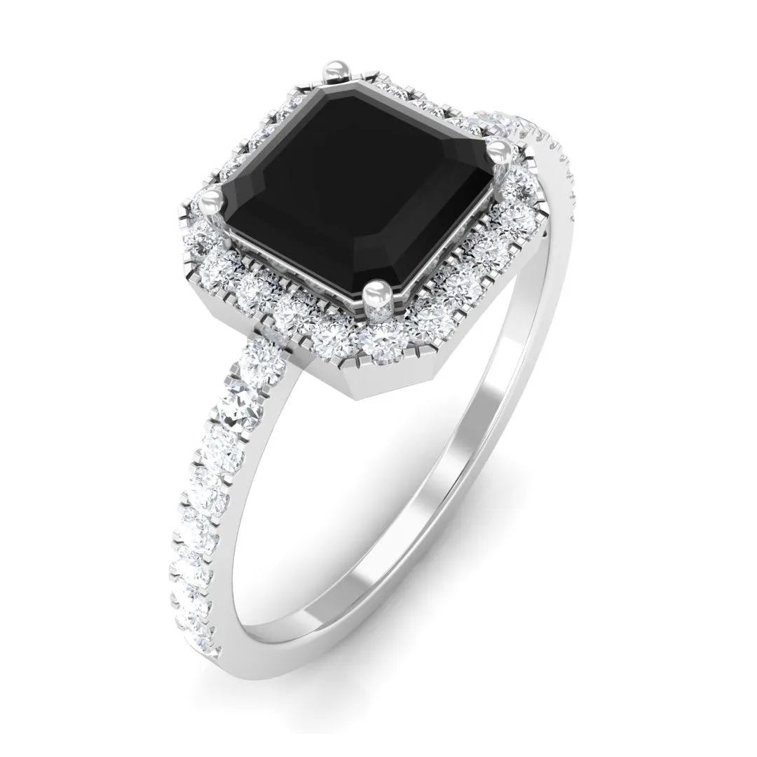 Asscher Cut Created Black Diamond and Diamond Halo Engagement Ring