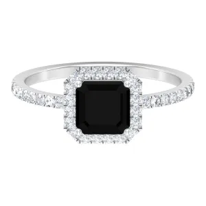 Asscher Cut Created Black Diamond and Diamond Halo Engagement Ring