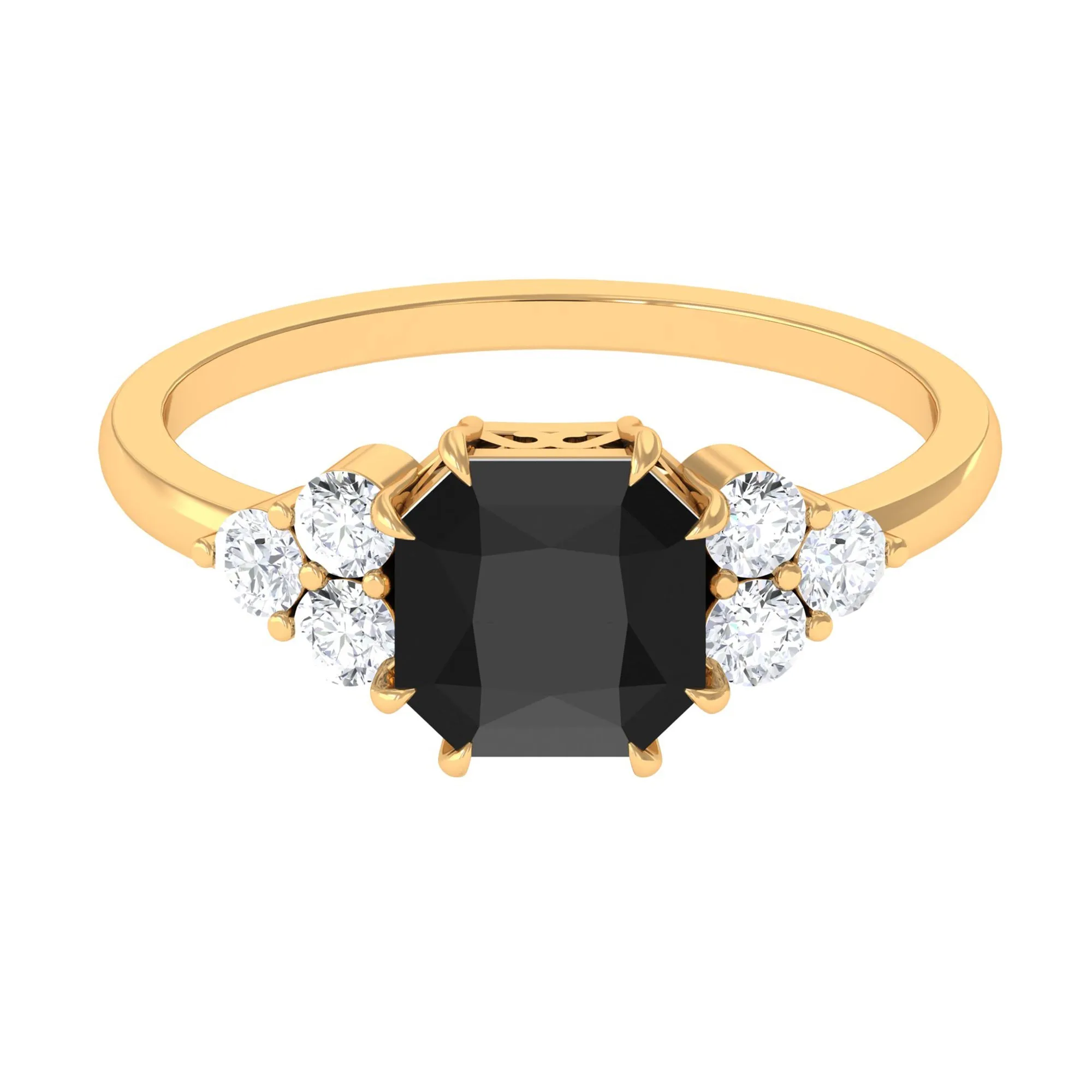 Asscher Cut Created Black Diamond Solitaire Engagement Ring with Diamond Trio