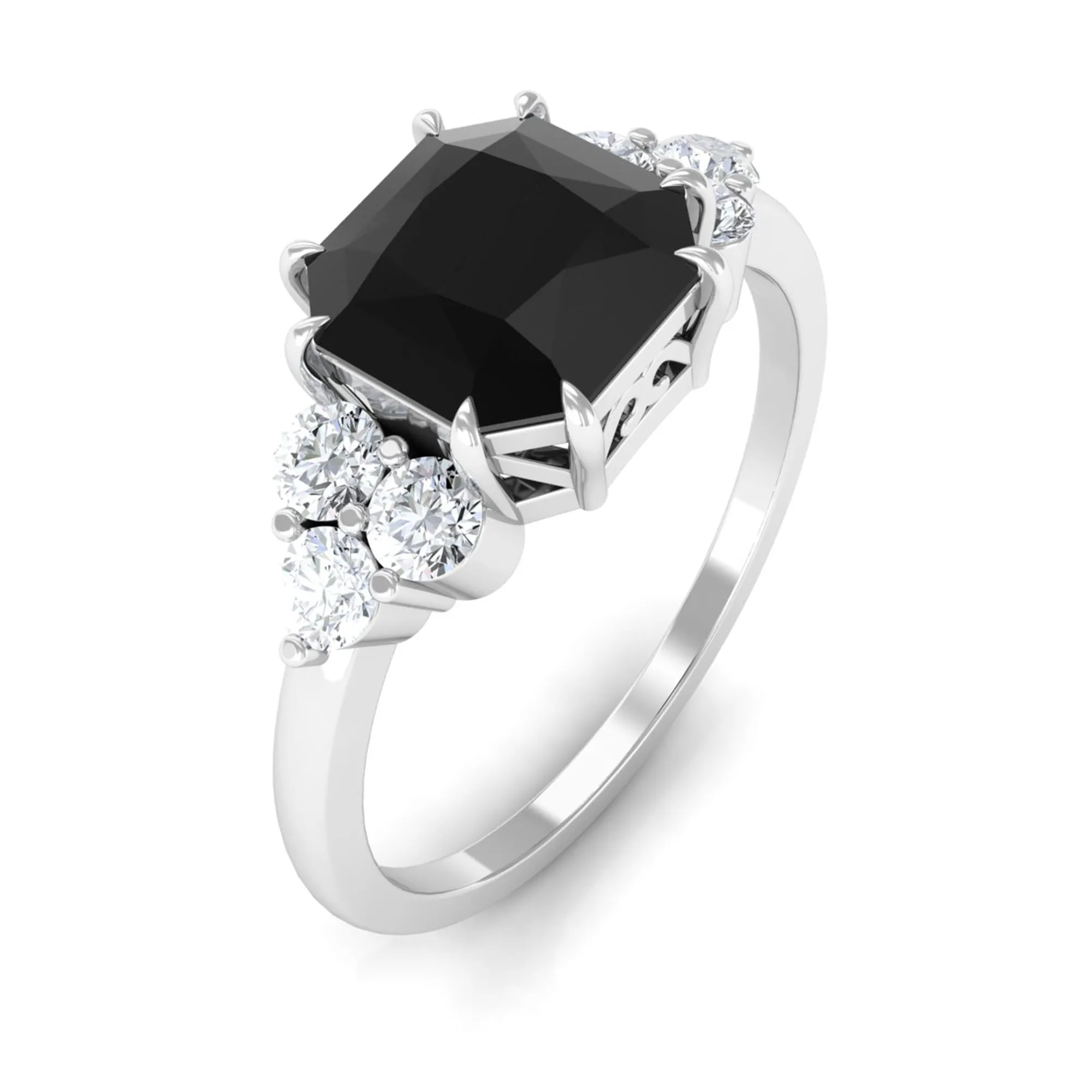 Asscher Cut Created Black Diamond Solitaire Engagement Ring with Diamond Trio