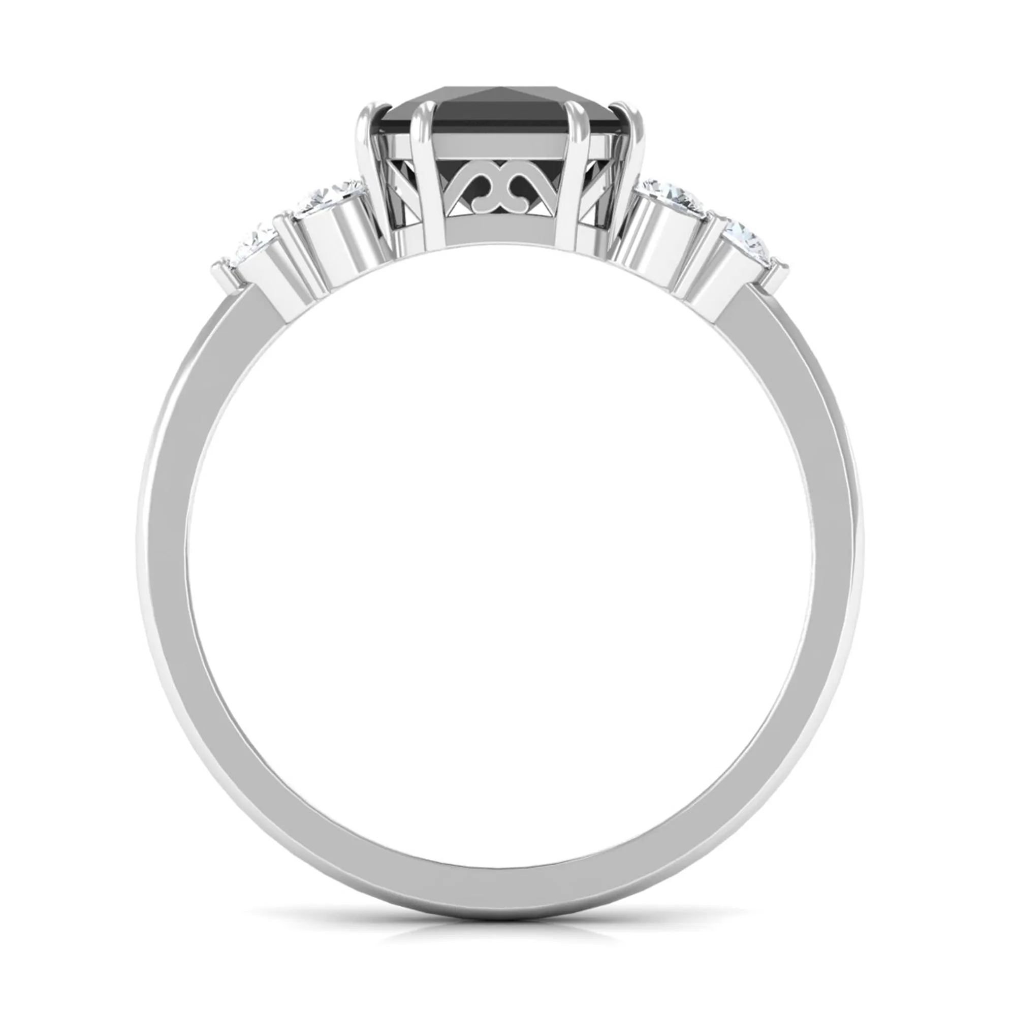 Asscher Cut Created Black Diamond Solitaire Engagement Ring with Diamond Trio