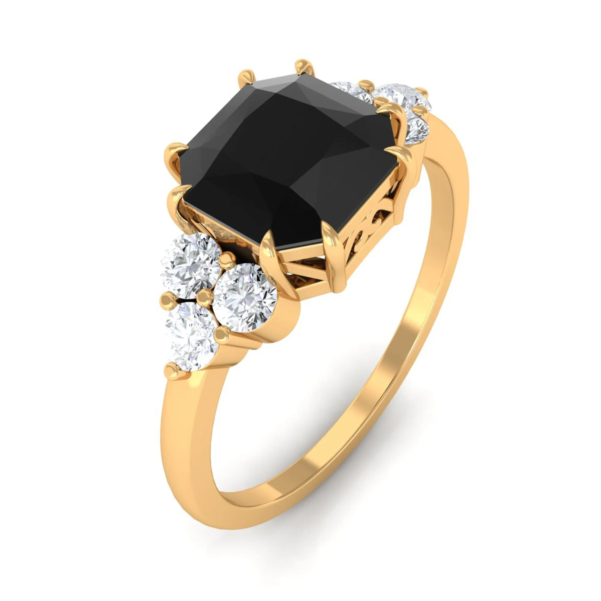 Asscher Cut Created Black Diamond Solitaire Engagement Ring with Diamond Trio