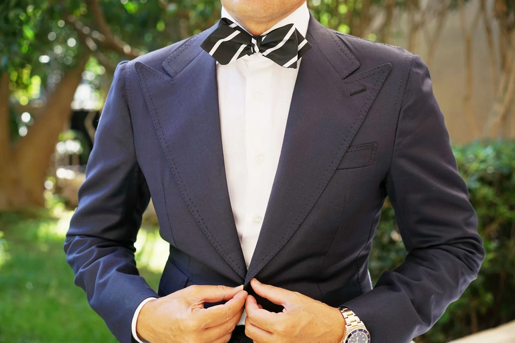 Black Pencil Stripe Diamond Self Bow Tie