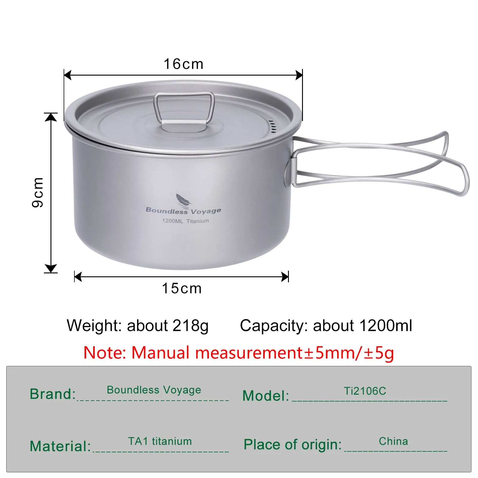 Boundless Voyage Lightweight 1200ml Titanium Pot Outdoor Portable Cooking Set hiking Backpacking Pot for Hiking Trekking Picnic Fishing Mountaineering