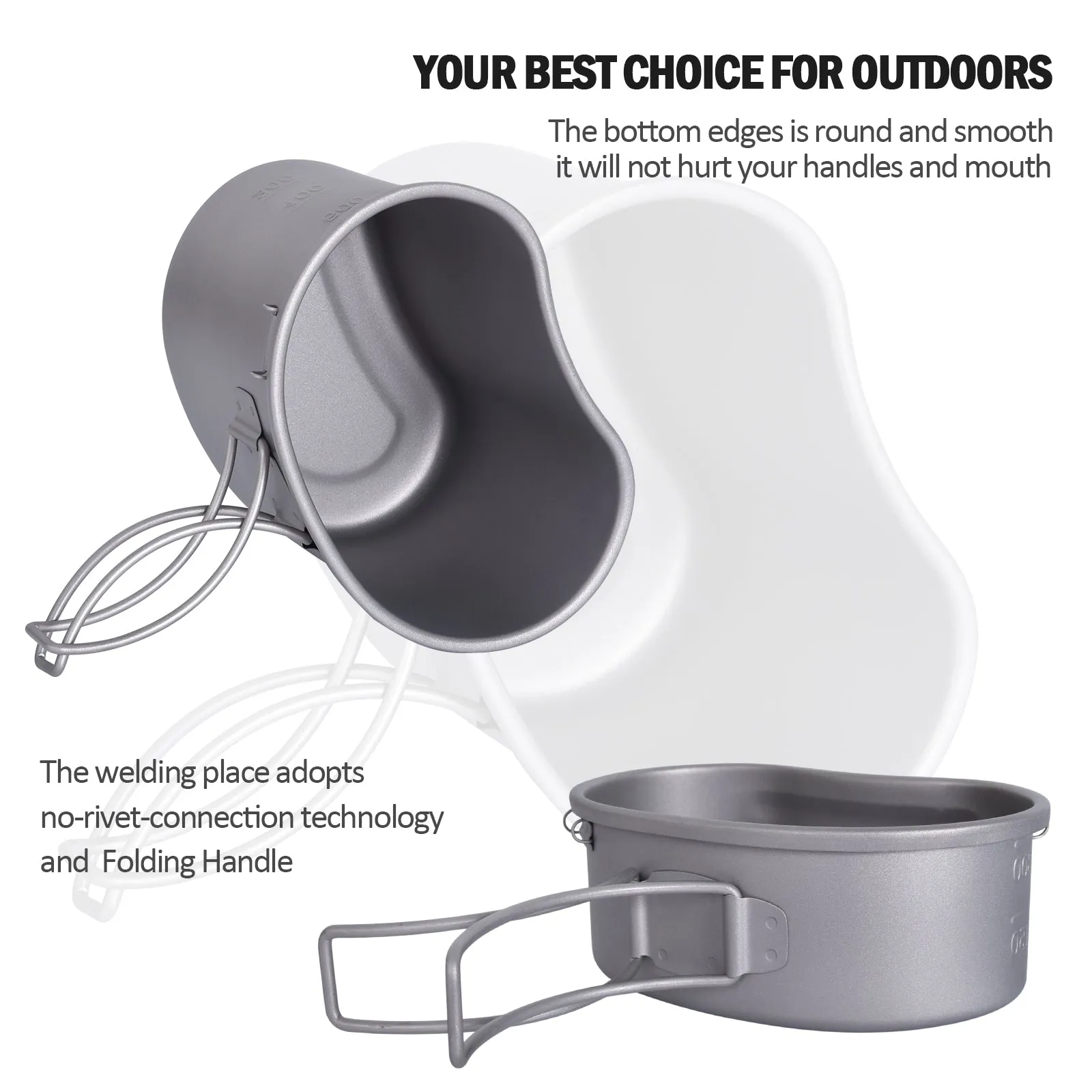 Boundless Voyage Outdoor Titanium Pot with Folding Handle Hanging Ring Camping Hiking Ultralight Portable Bowl Mess Kit 2 pcs