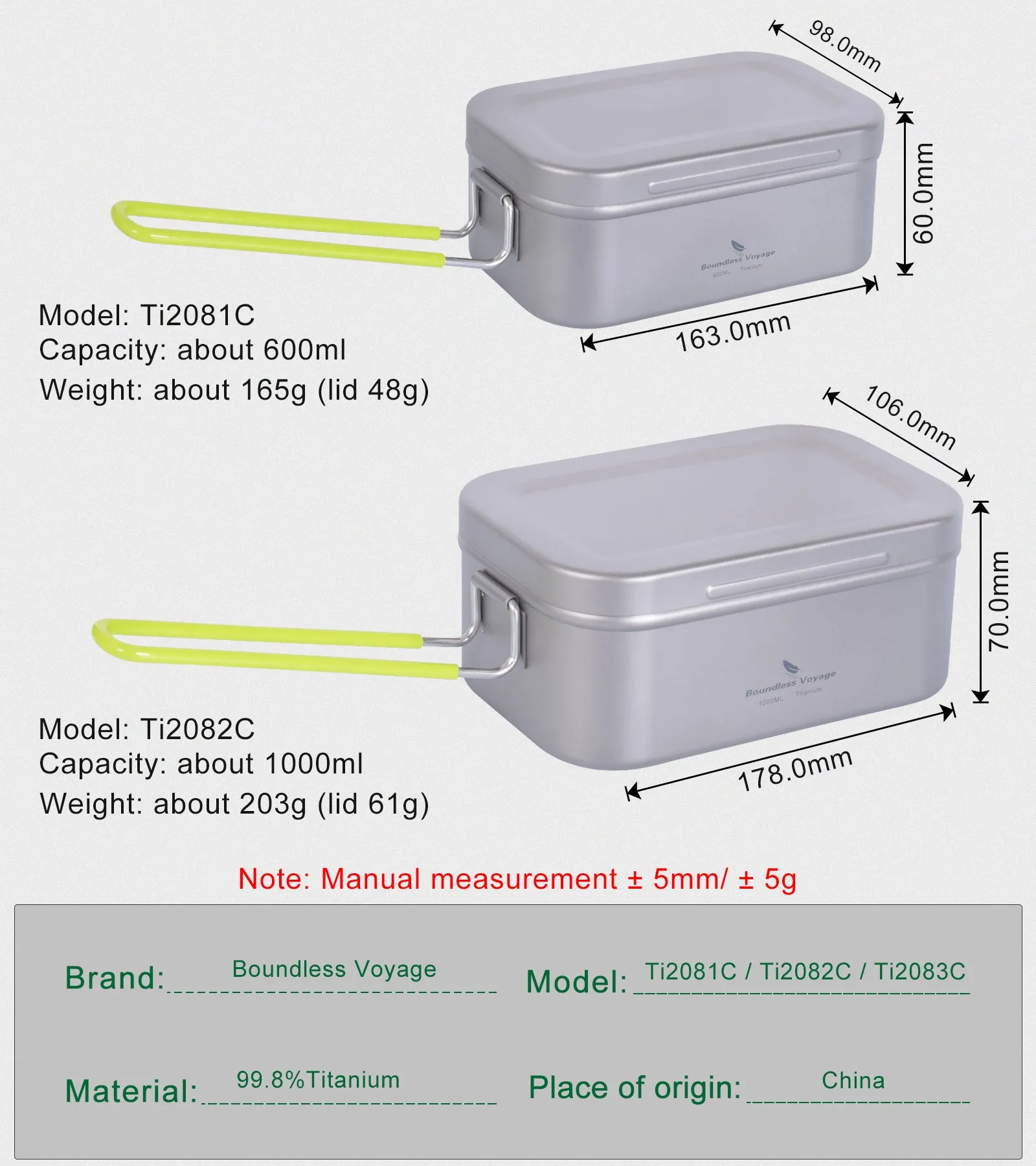 Boundless Voyage Titanium Mess Tin with Lid Anti-scalding Handle Outdoor Camping Tableware Cookware Lunch Box Bowl Pan 1000ML