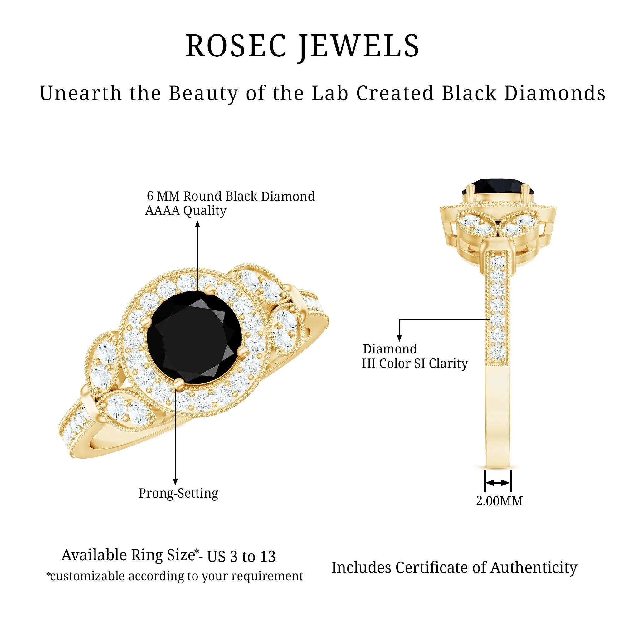 Certified Created Black Diamond Vintage Style Engagement Ring with Diamond