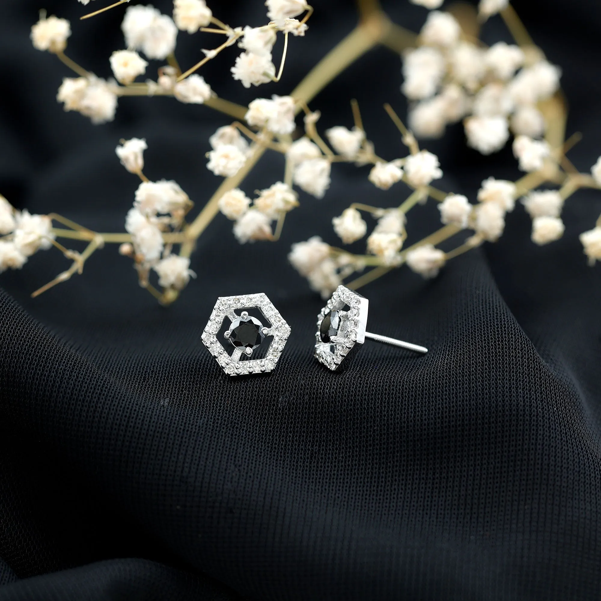 Created Black Diamond and Diamond Geometric Stud Earrings