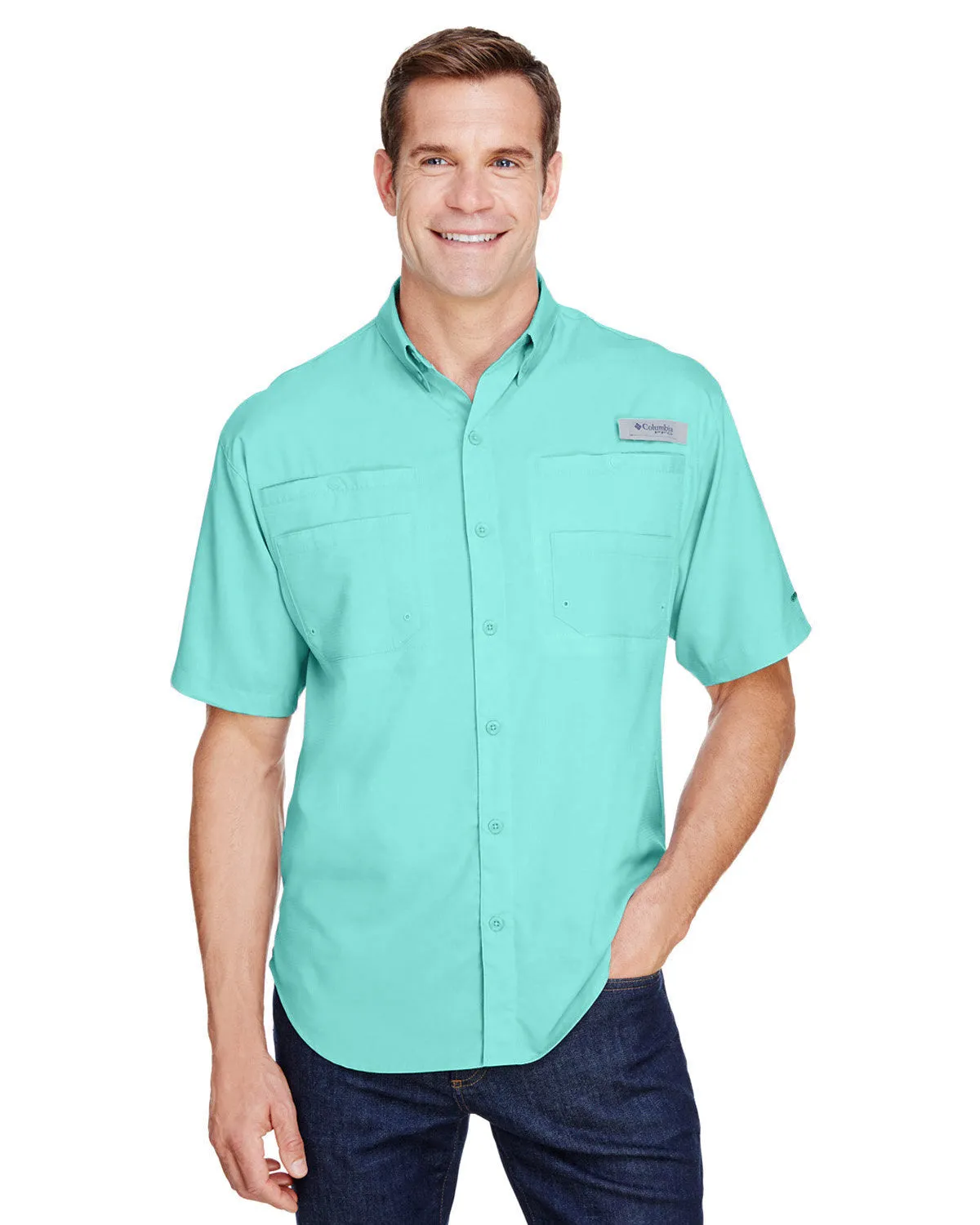 Custom Columbia Mens Tamiami Short-Sleeve Shirt, Gulf Stream