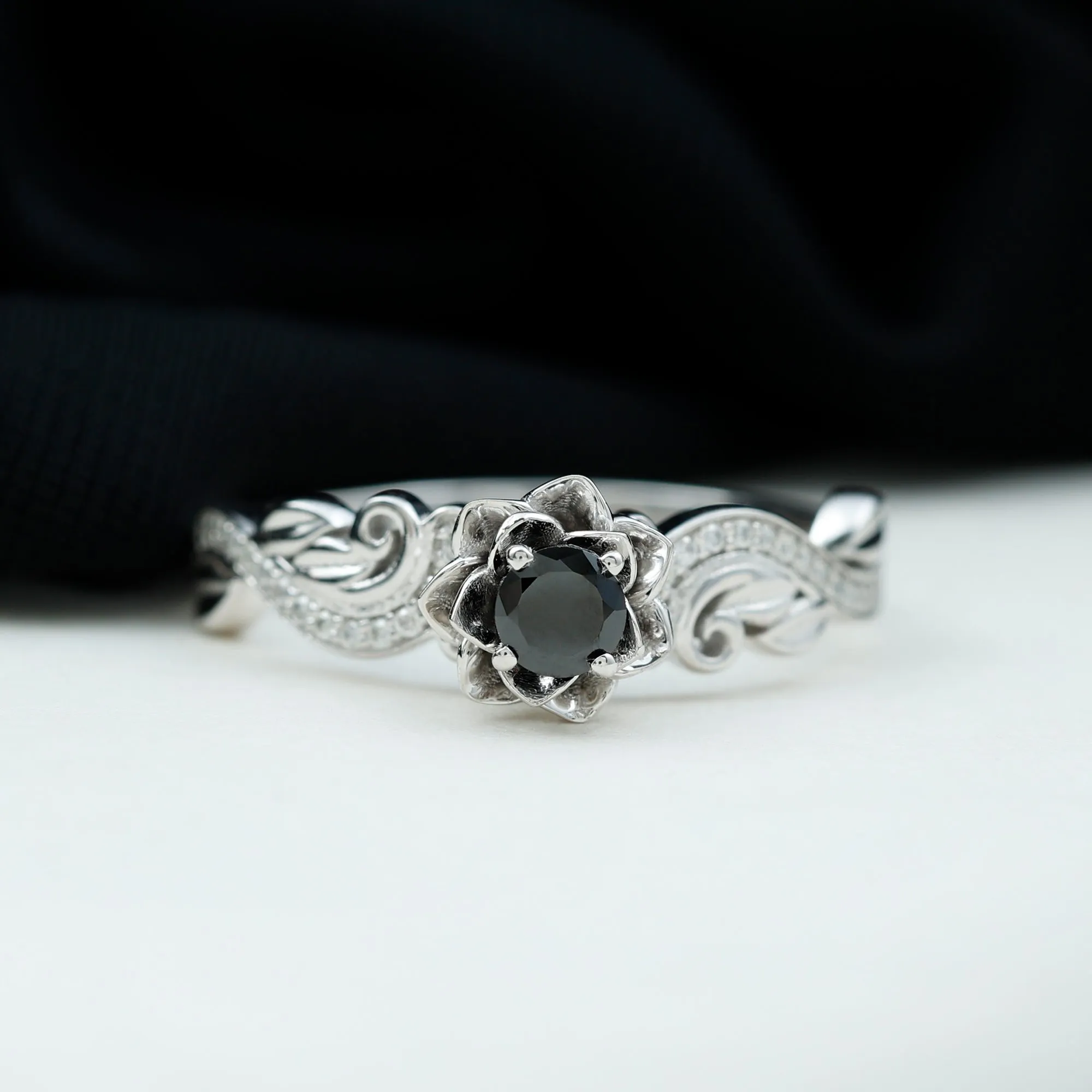 Flower Inspired Black Diamond and Diamond Engagement Ring