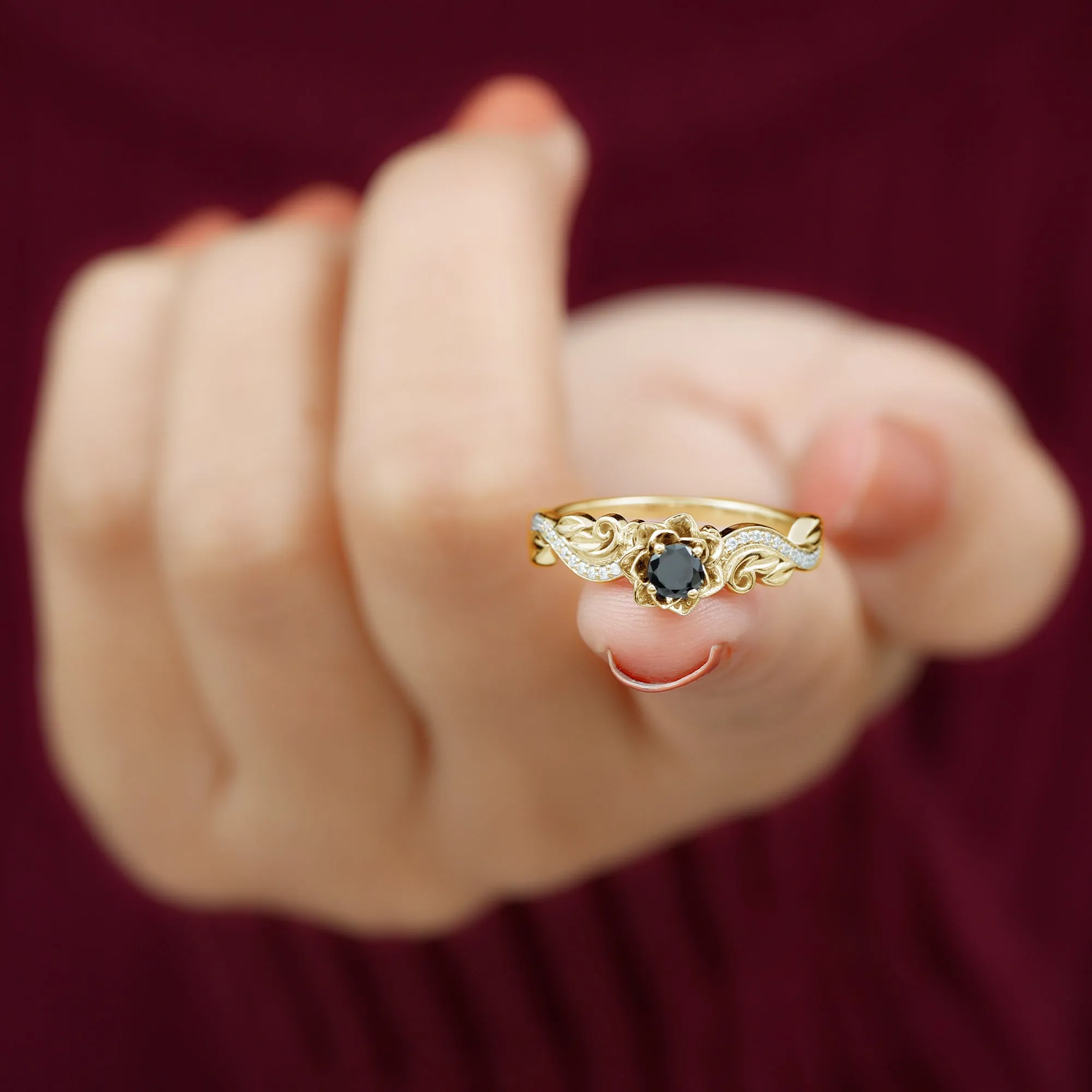 Flower Inspired Black Diamond and Diamond Engagement Ring