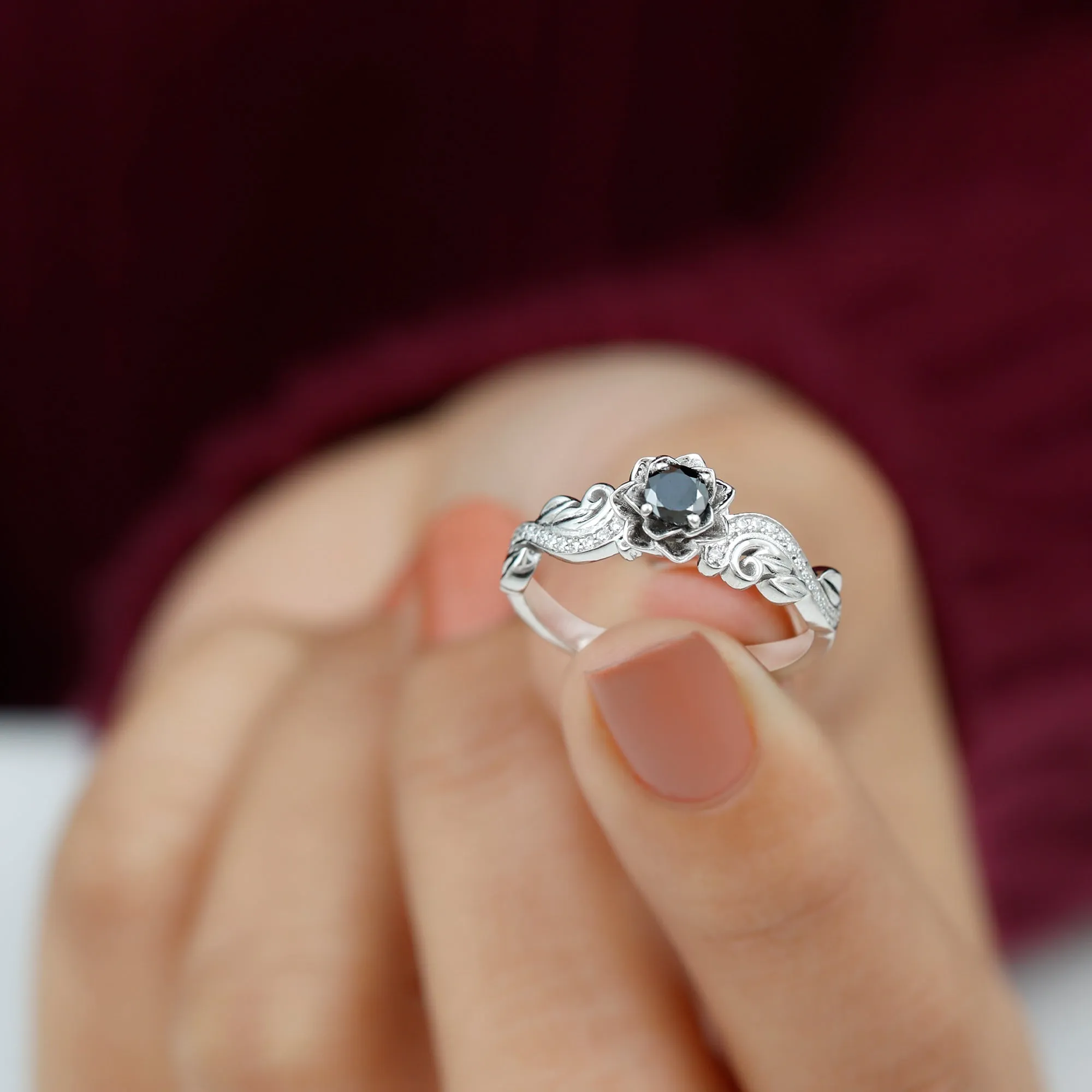 Flower Inspired Black Diamond and Diamond Engagement Ring