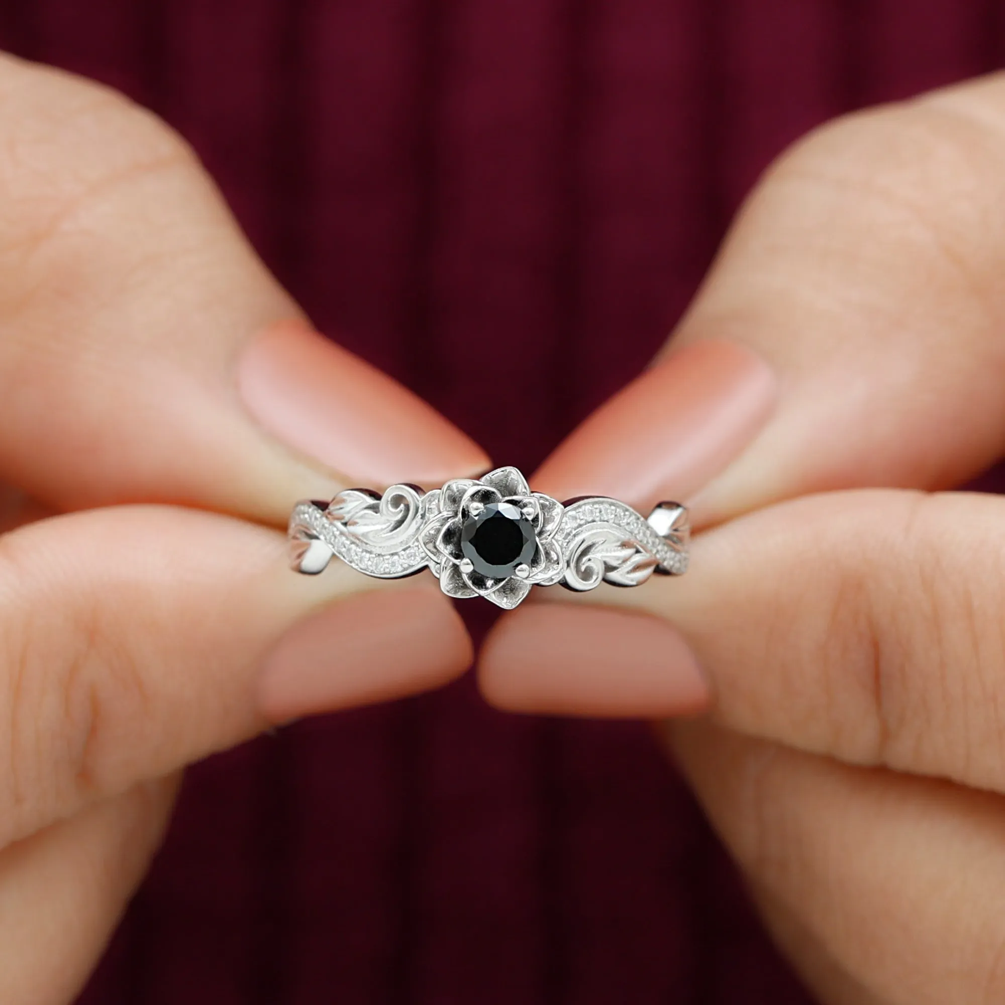 Flower Inspired Black Diamond and Diamond Engagement Ring