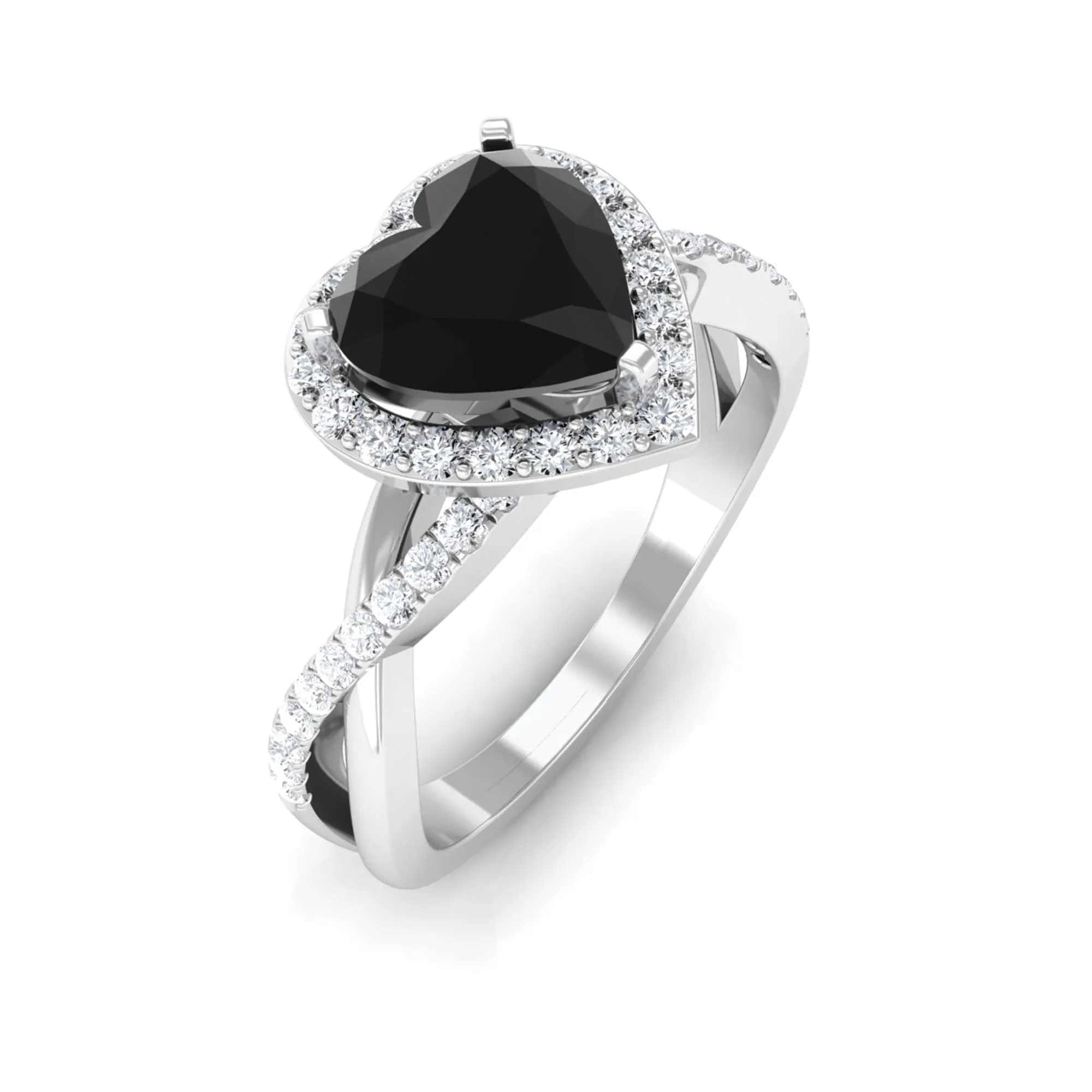 Heart Shape Created Black Diamond Crossover Engagement Ring with Diamond