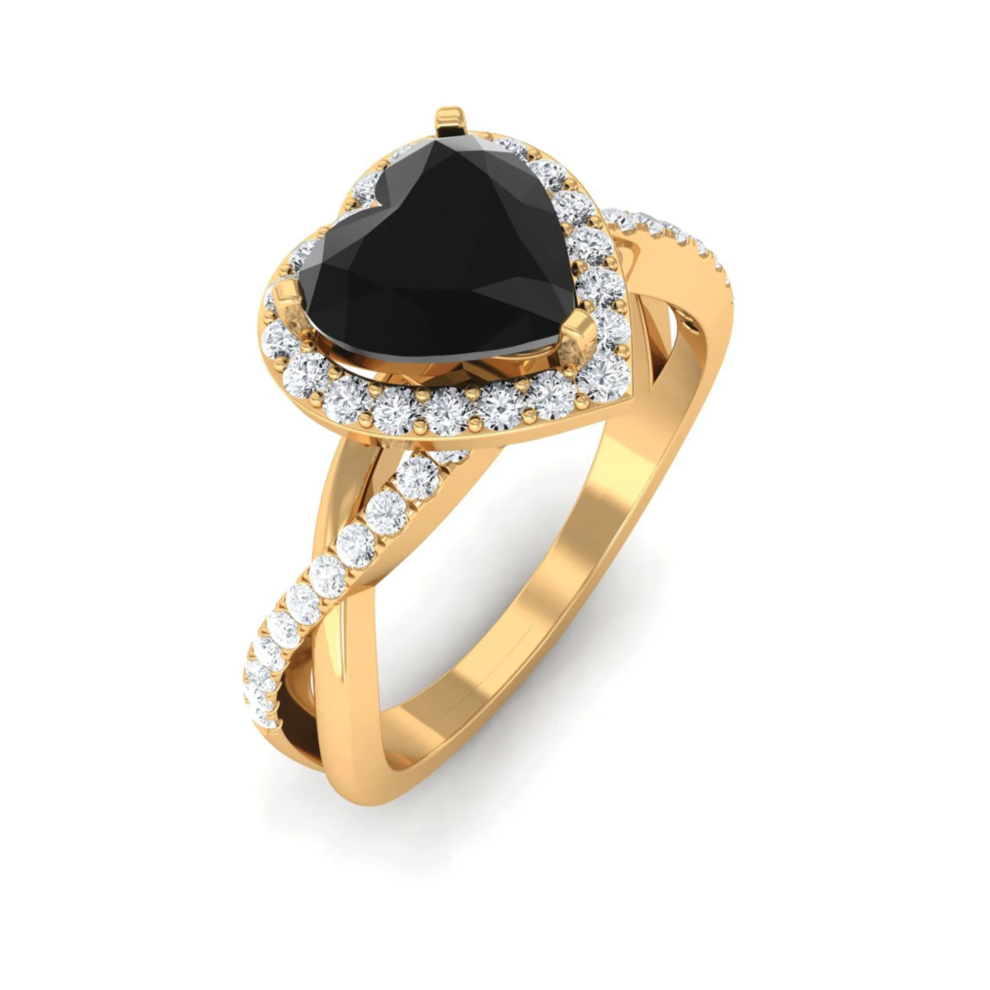 Heart Shape Created Black Diamond Crossover Engagement Ring with Diamond