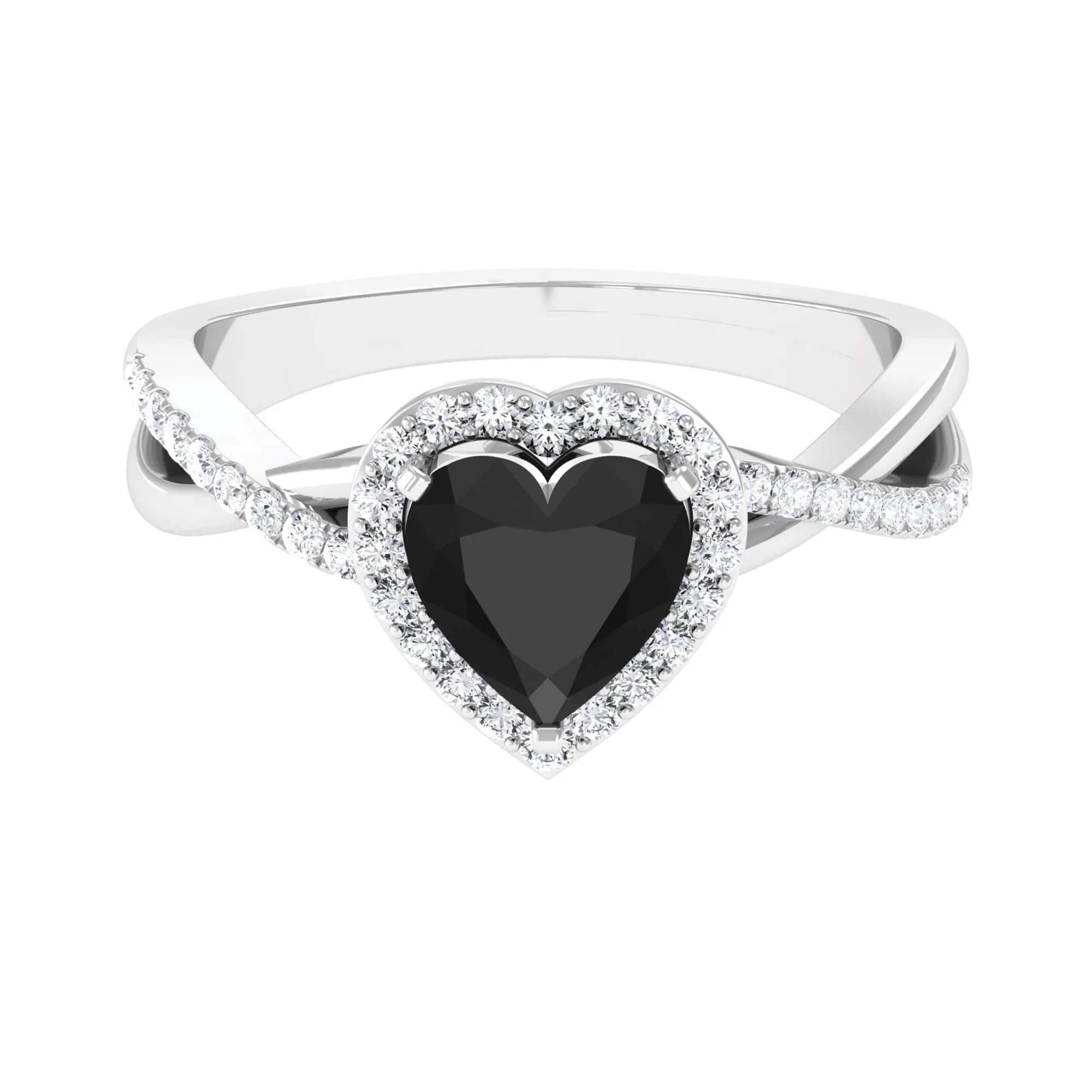 Heart Shape Created Black Diamond Crossover Engagement Ring with Diamond